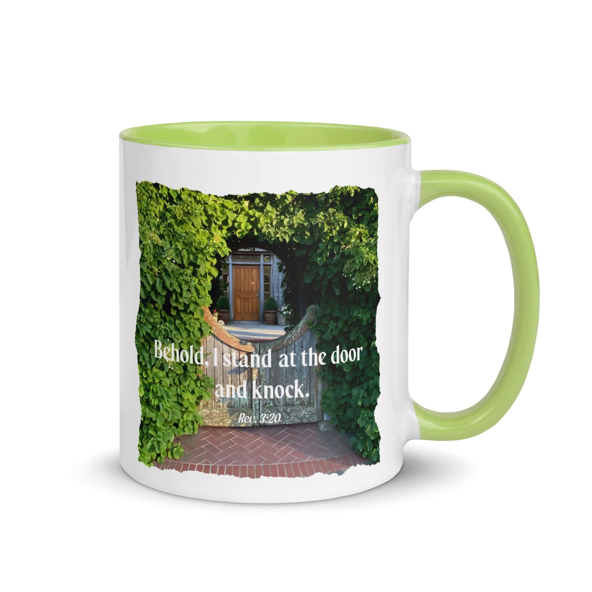 Revelation 3:20 Bible Verse, Garden Doorway White Ceramic Mug with Color Inside Green 11 oz