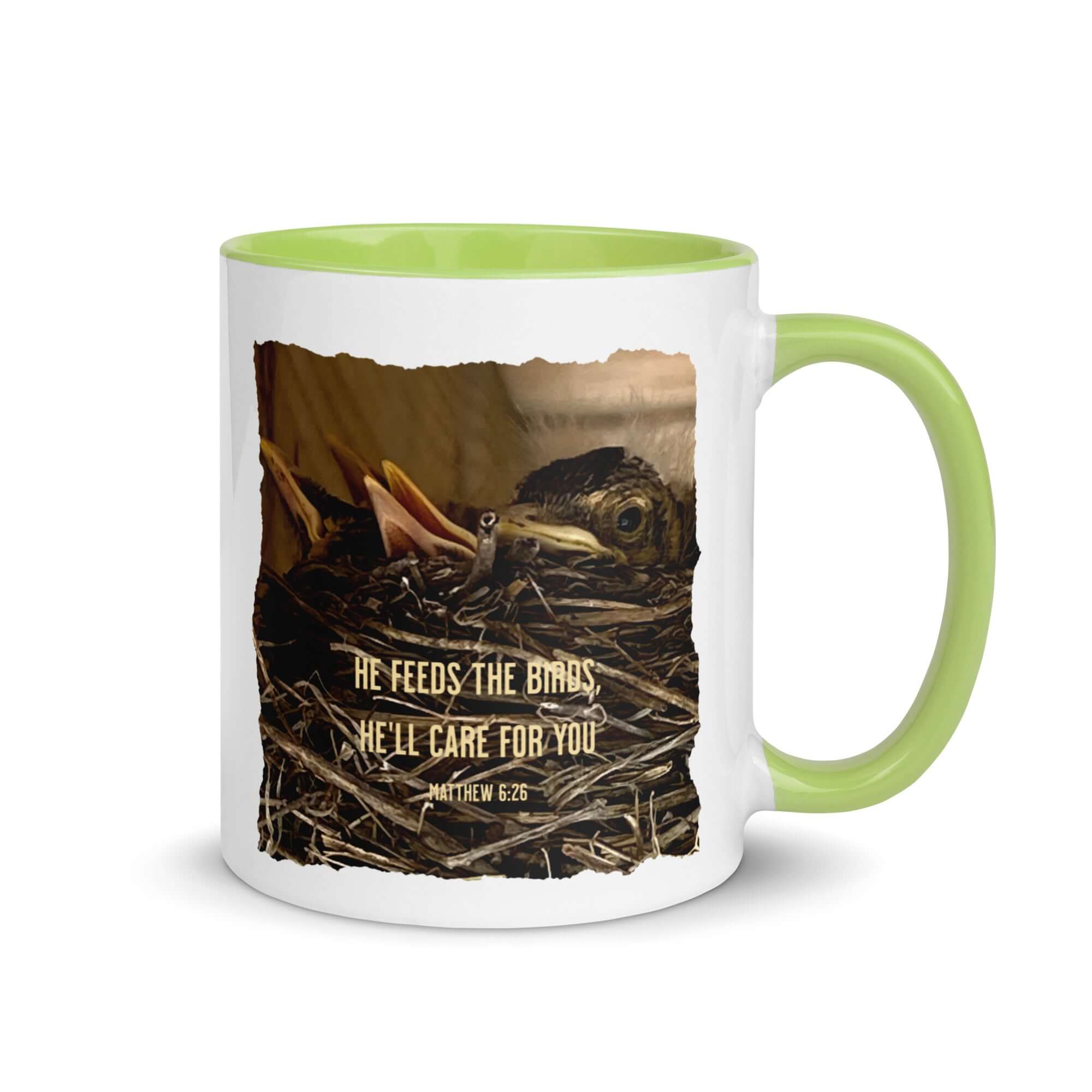 Matthew 6:26 Baby Robins, He'll Care for You White Ceramic Mug with Color Inside Green 11 oz