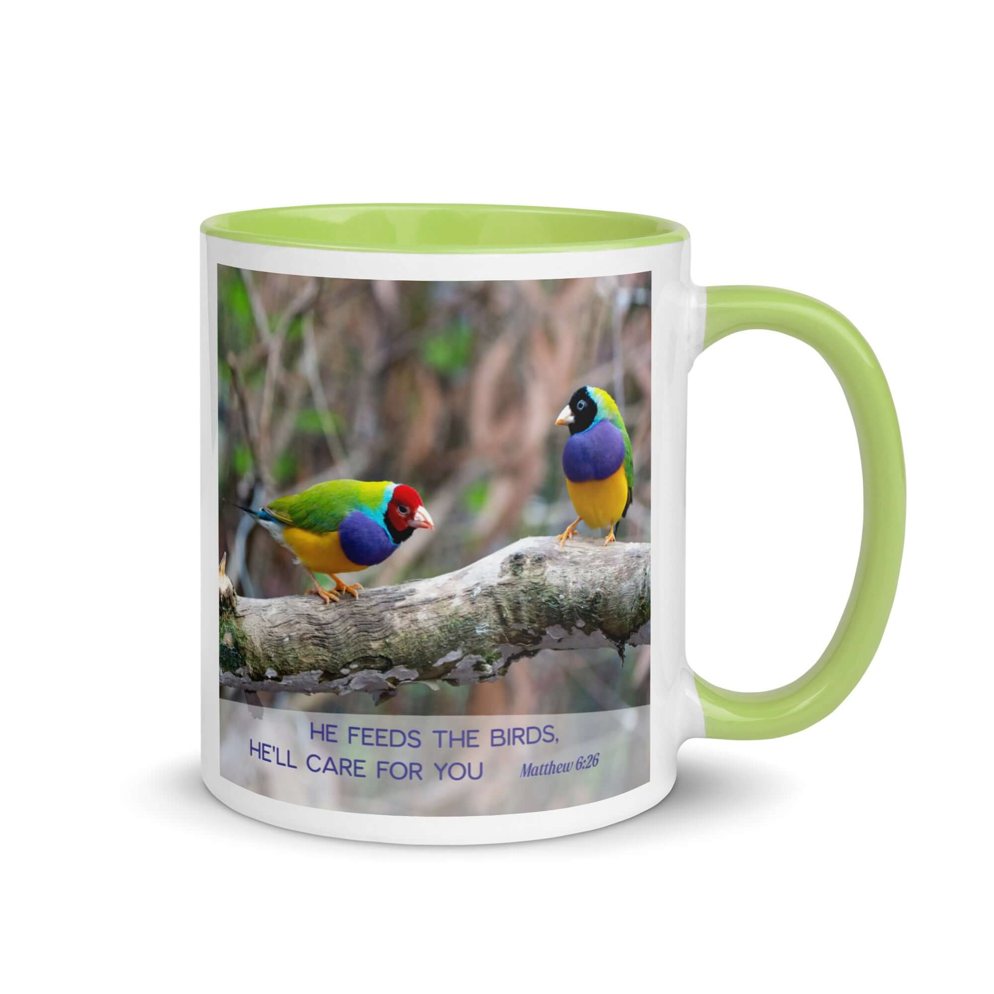 Matthew 6:26 Gouldian Finches, He'll Care for You White Ceramic Mug with Color Inside Green 11 oz