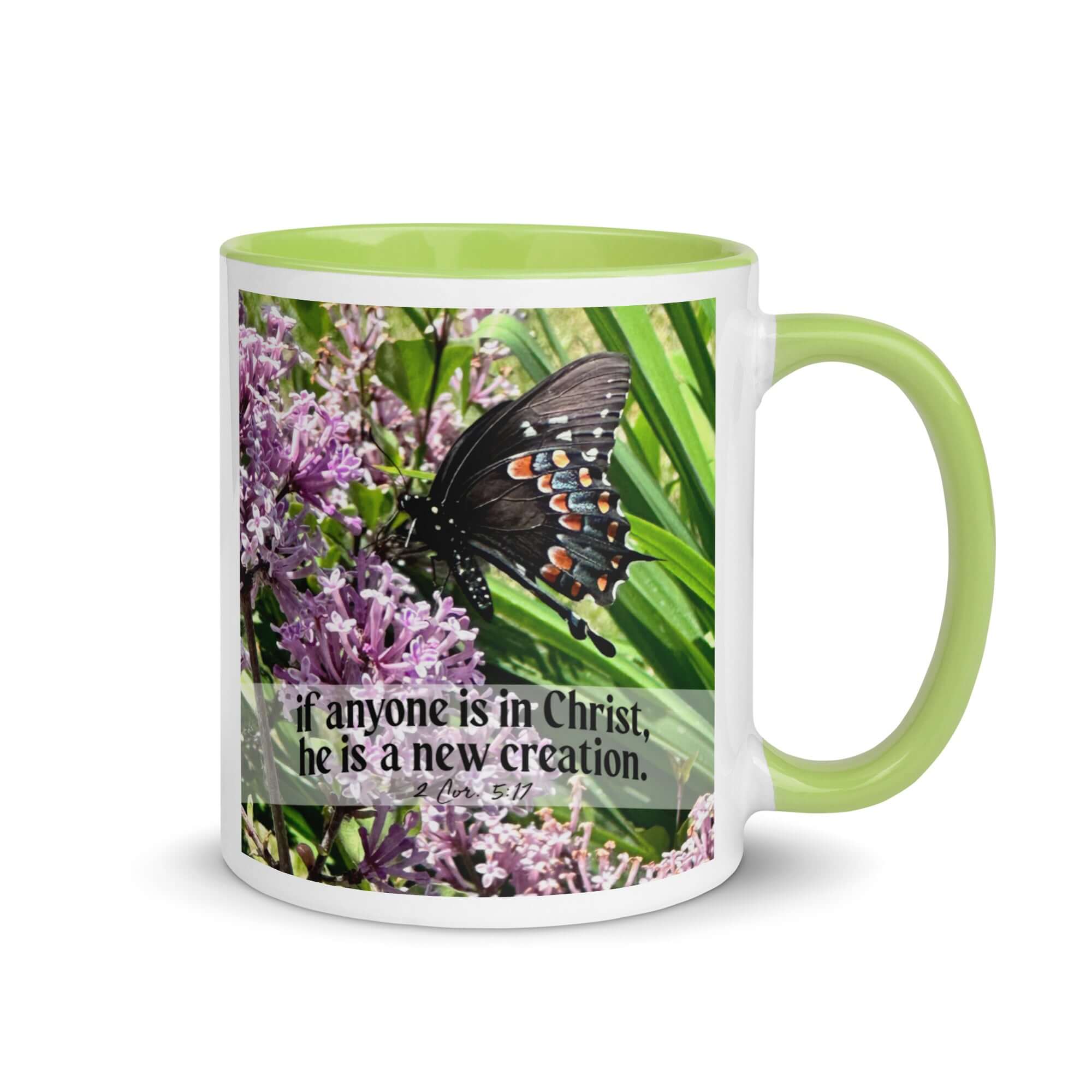2 Corinthians 5:17 Bible Verse, Butterfly White Ceramic Mug with Color Inside Green 11 oz
