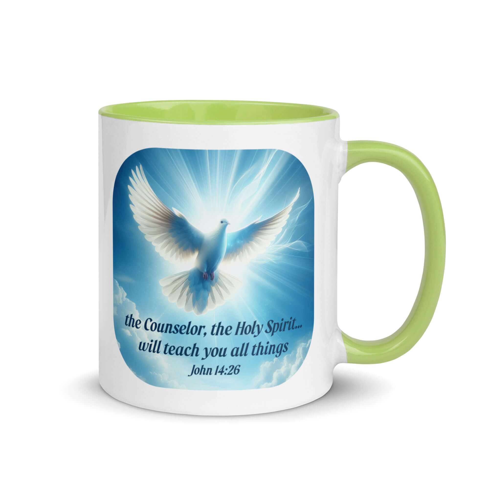 John 14:26 Bible Verse, Holy Spirit Dove White Ceramic Mug with Color Inside Green 11 oz