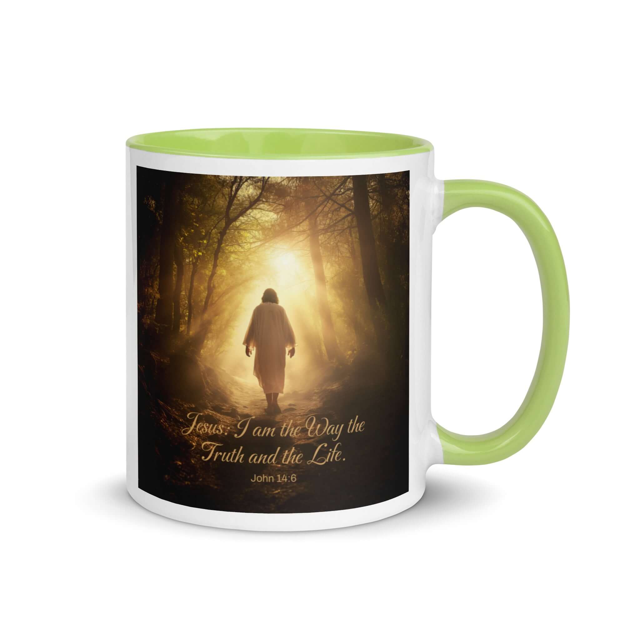 John 14:6 Bible Verse, Forest Image White Ceramic Mug with Color Inside Green 11 oz