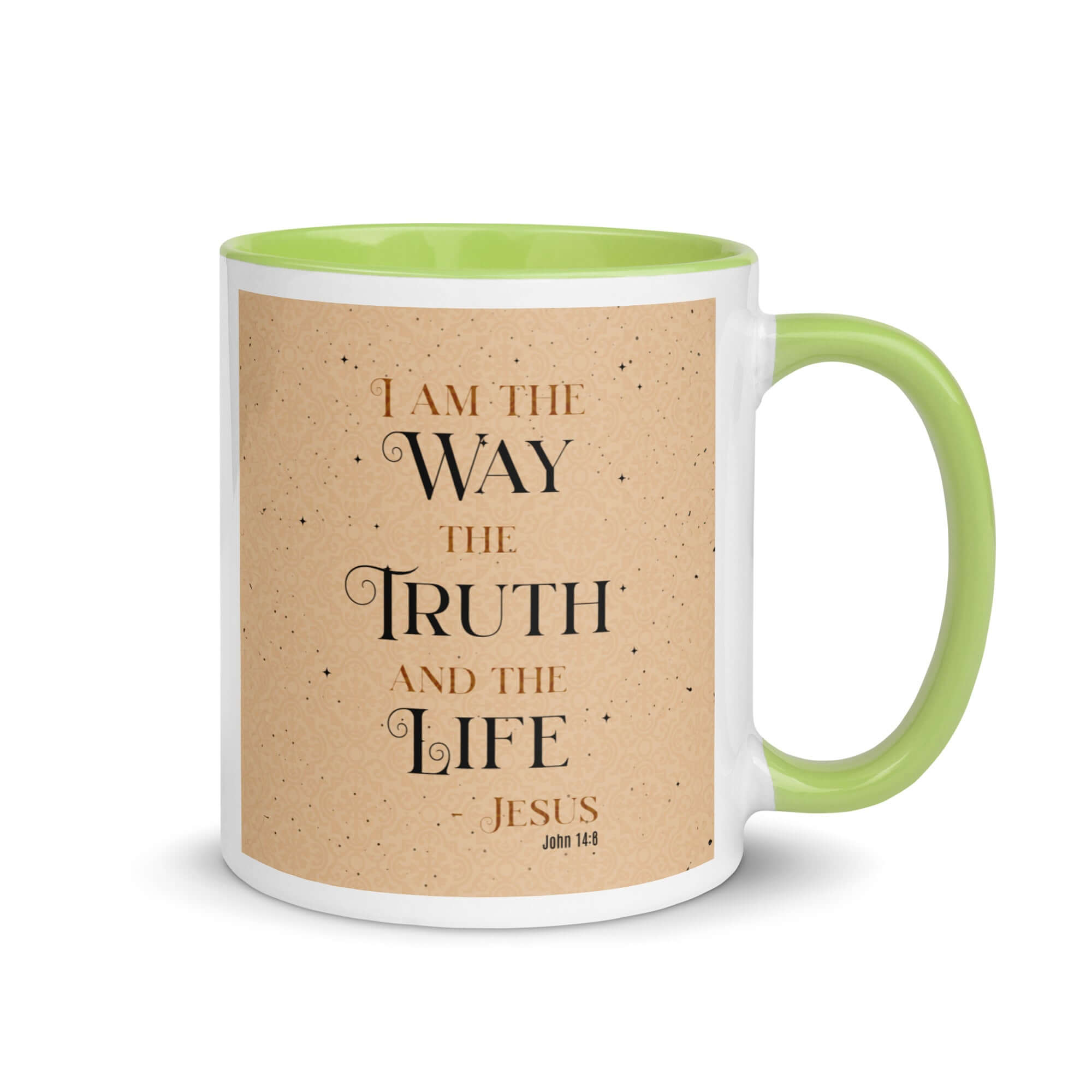 John 14:6 Bible Verse, Color Text Brown Background White Ceramic Mug with Color Inside Green 11 oz