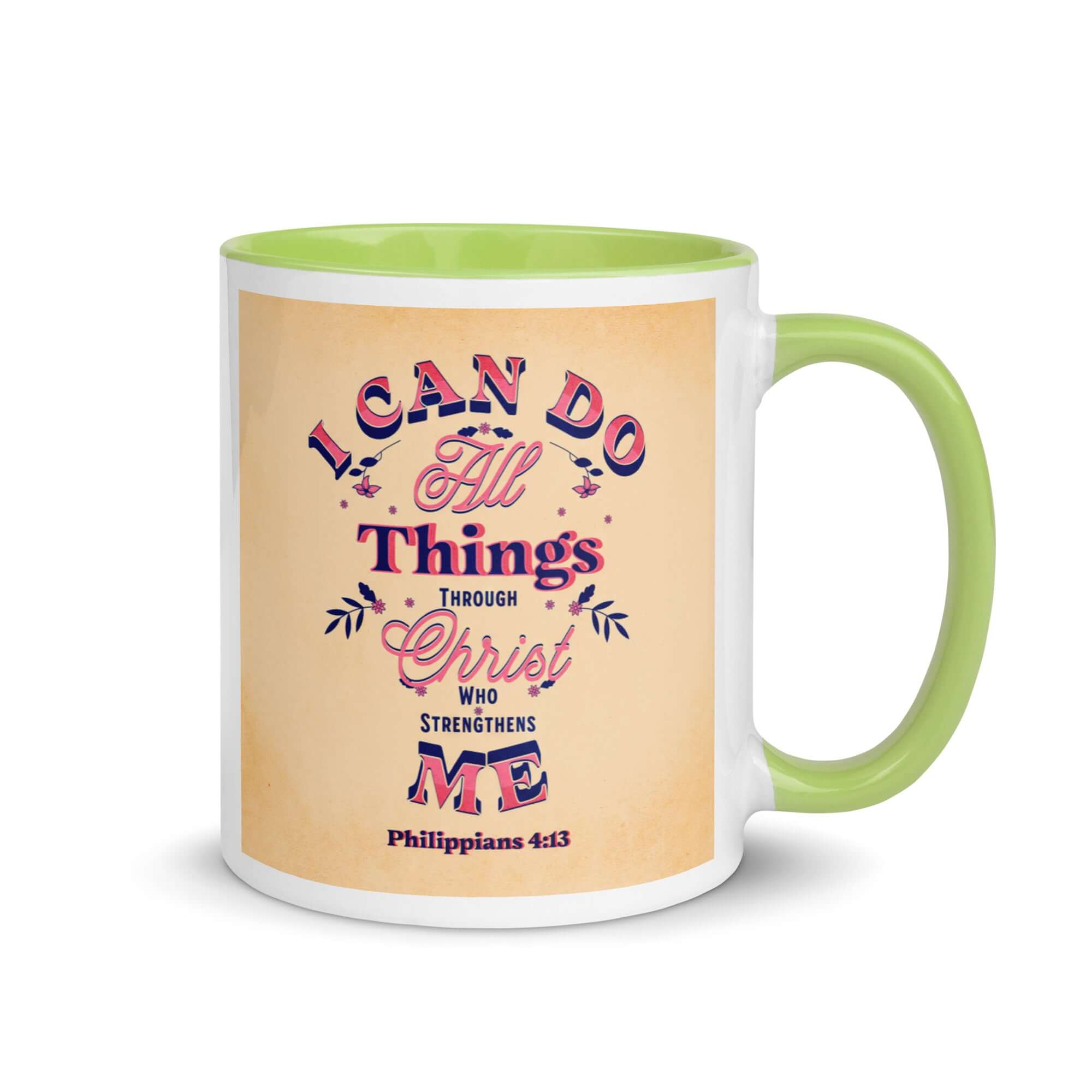 Philippians 4:13 Bible Verse, Christ Strengthens Me White Ceramic Mug with Color Inside Green 11 oz