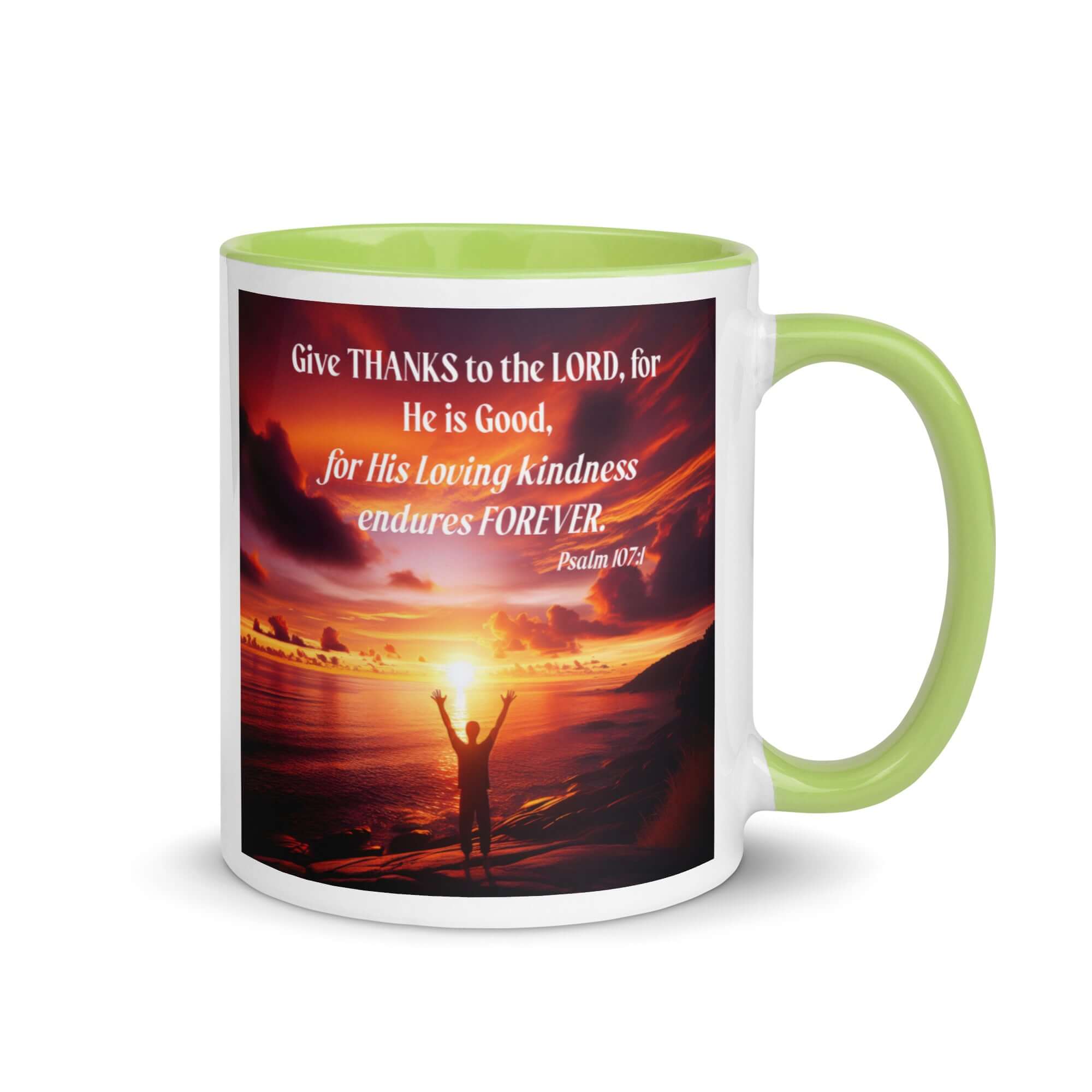 Psalm 107:1 Bible Verse, Give Thanks to the Lord White Ceramic Mug with Color Inside Green 11 oz