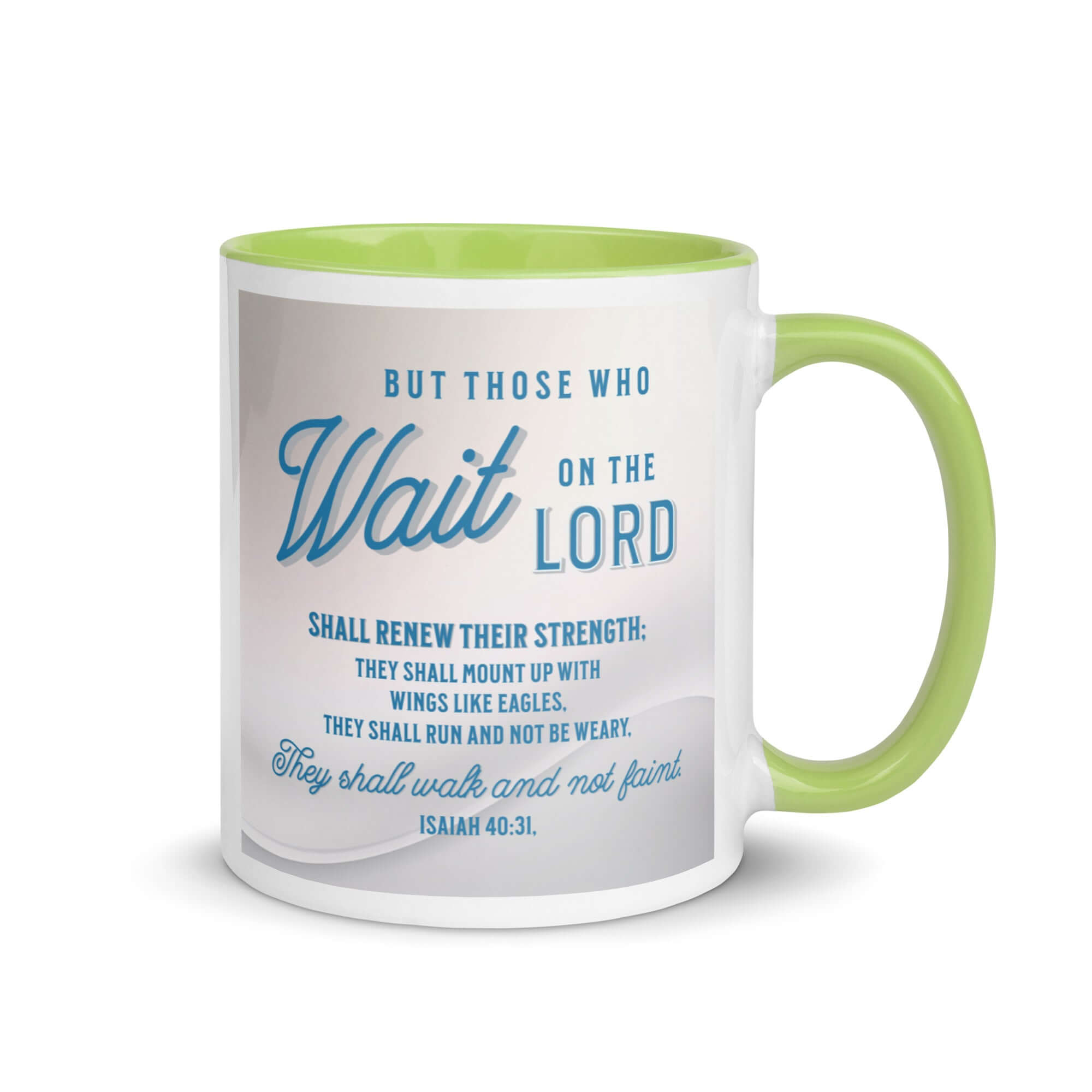 Isaiah 40:31 Bible Verse, Wings like Eagles White Ceramic Mug with Color Inside Green 11 oz