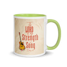 Exodus 15:2 Bible Verse, The LORD is my strength White Ceramic Mug with Color Inside Green 11 oz