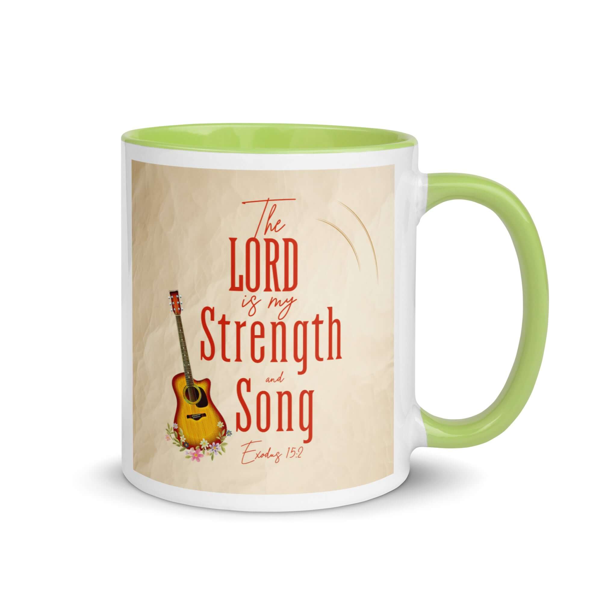 Exodus 15:2 Bible Verse, The LORD is my strength White Ceramic Mug with Color Inside Green 11 oz