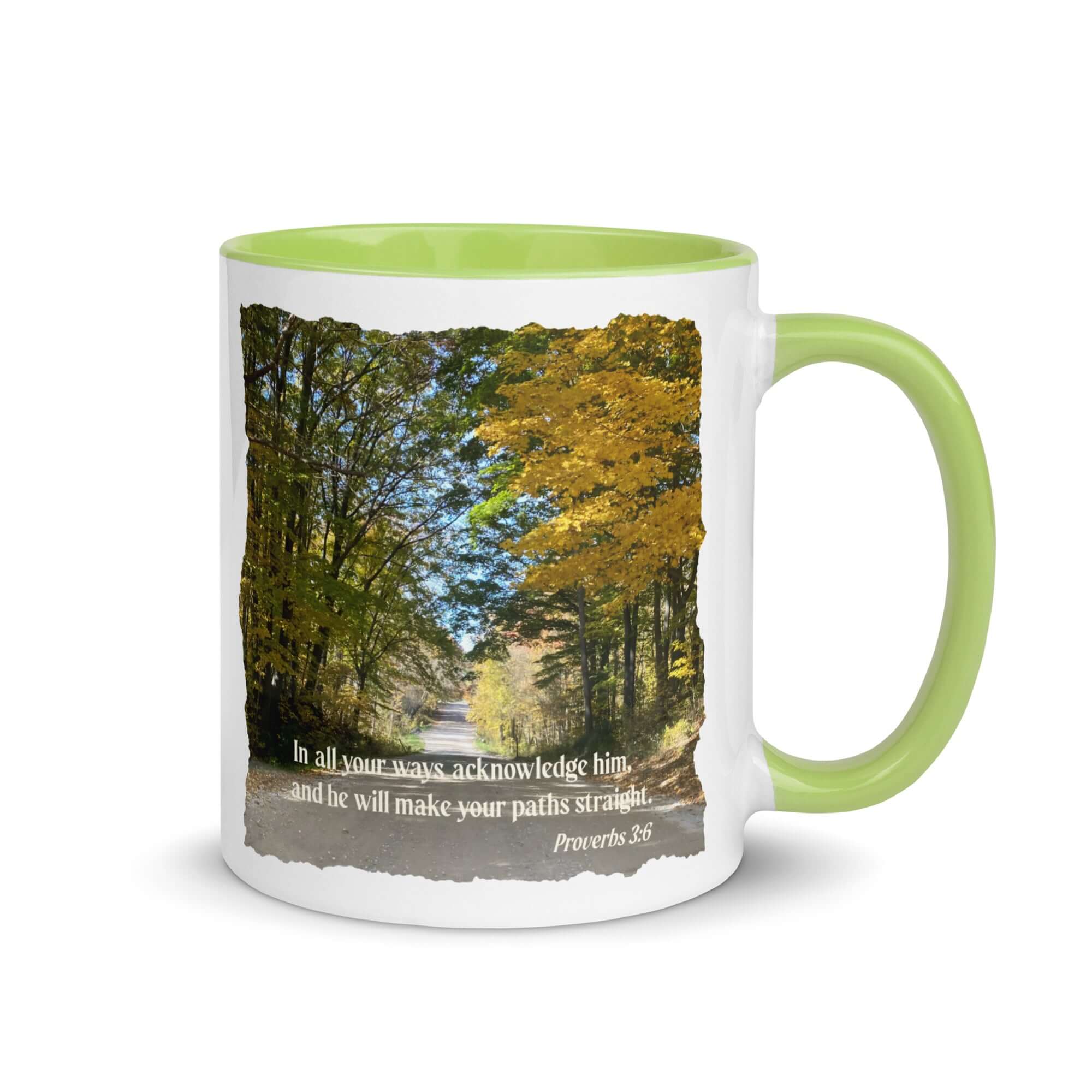 Proverbs 3:6 Bible Verse, Fall Road White Ceramic Mug with Color Inside Green 11 oz