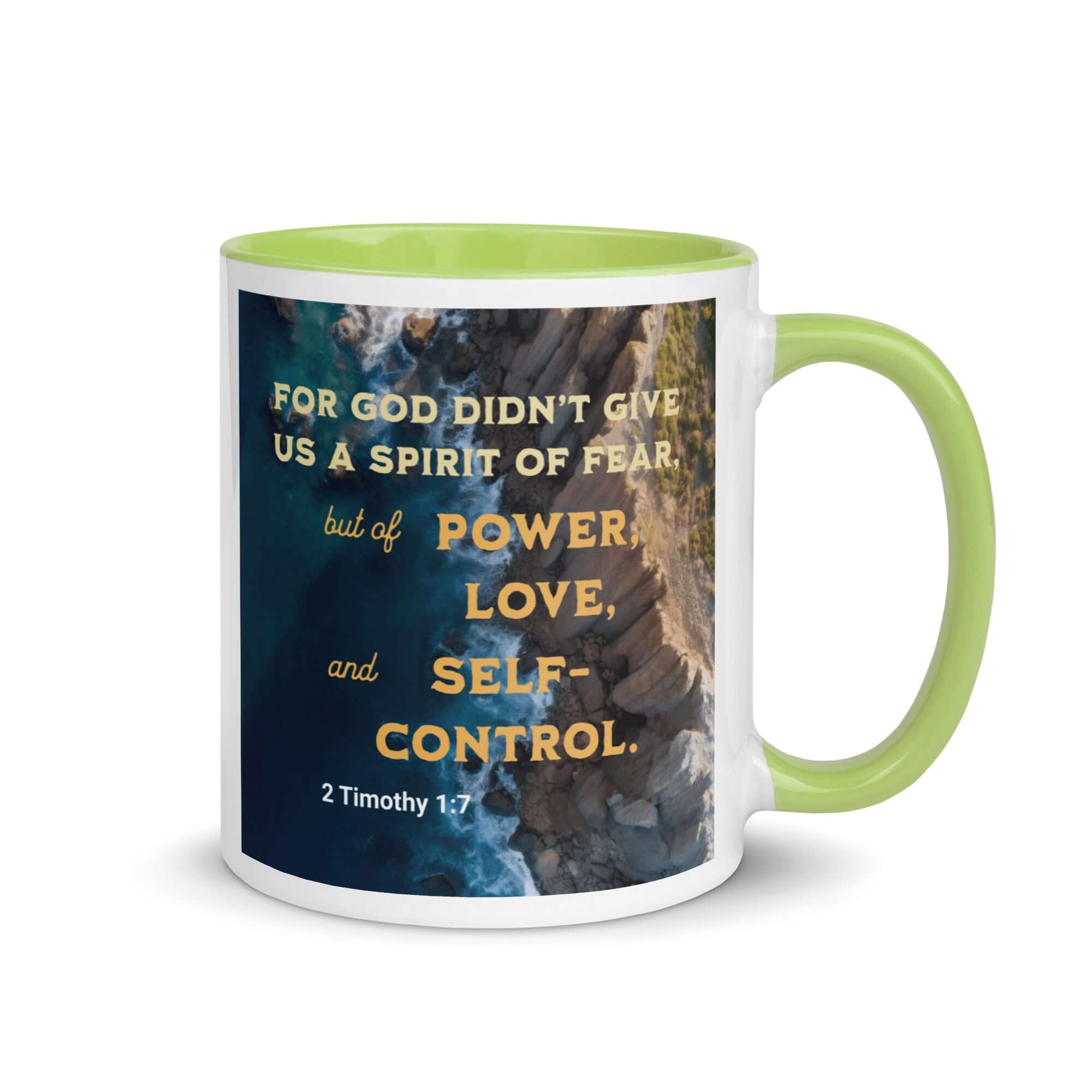 2 Timothy 1:7 Bible Verse, Power, Love, Self-Control White Ceramic Mug with Color Inside Green 11 oz