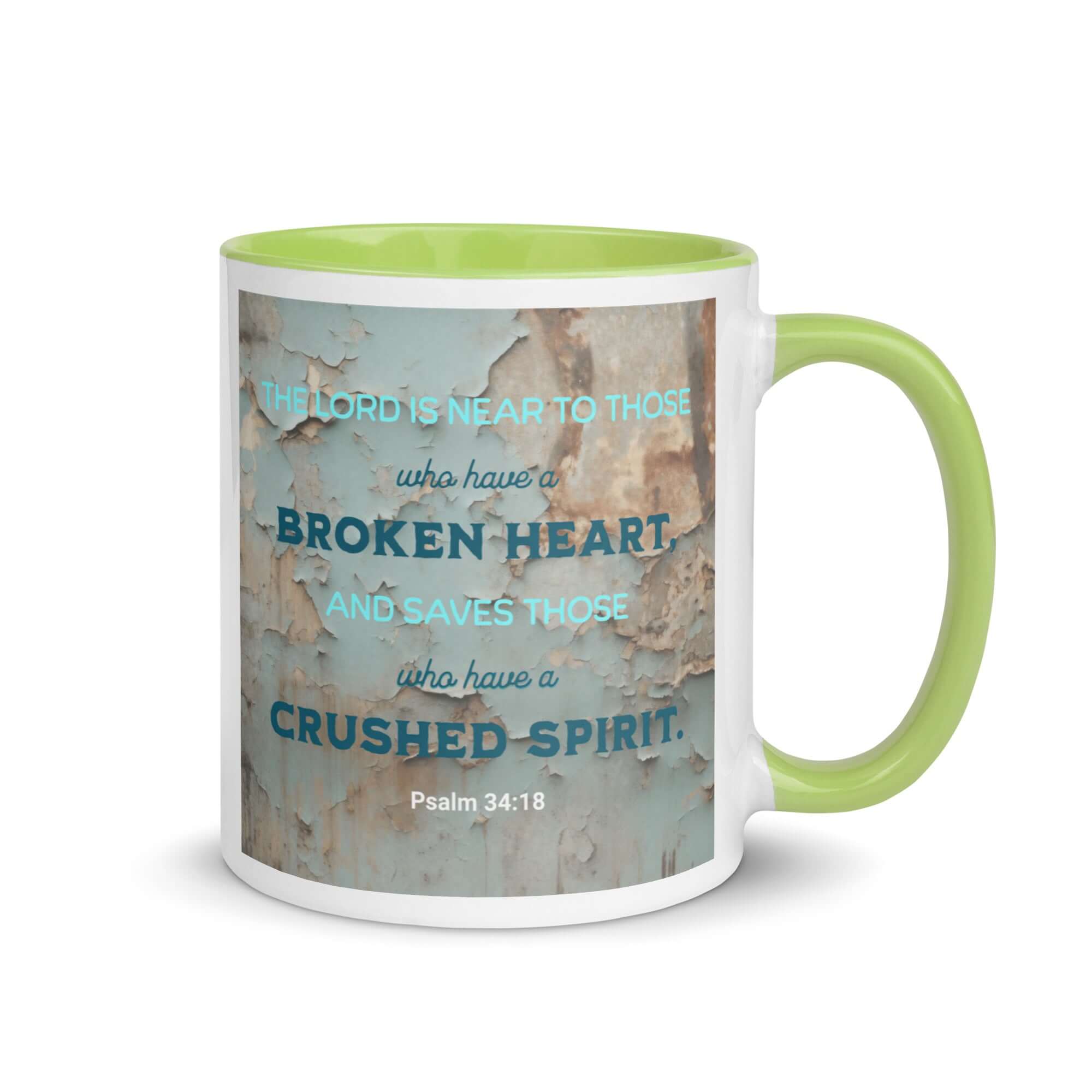 Psalm 34:18 Bible Verse, The LORD is Near White Ceramic Mug with Color Inside Green 11 oz