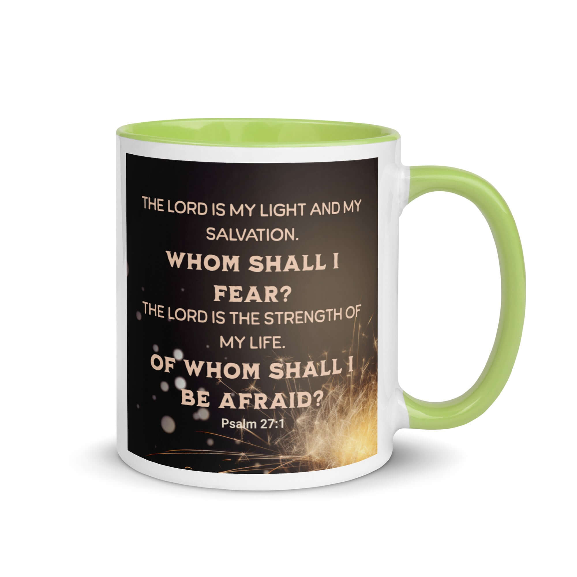 Psalm 27:1 Bible Verse, The LORD is My Light White Ceramic Mug with Color Inside Green 11 oz