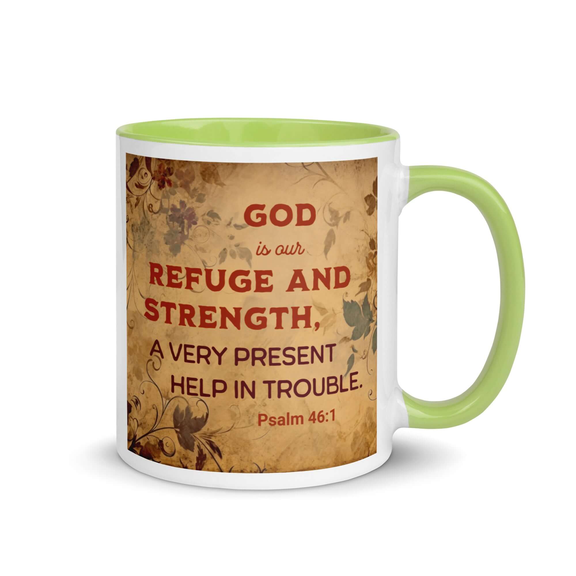 Psalm 46:1 Bible Verse, God is Our Refuge White Ceramic Mug with Color Inside Green 11 oz
