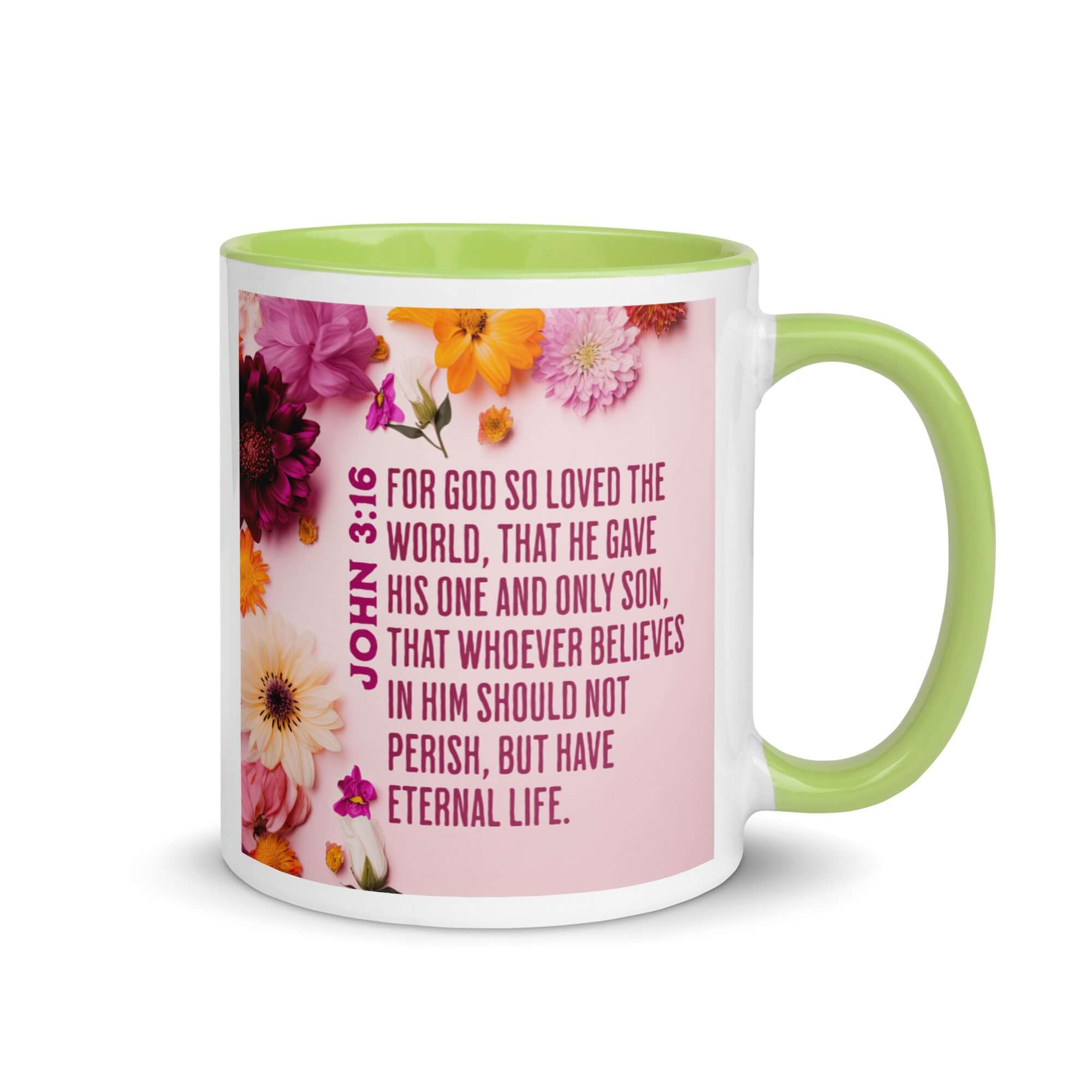 John 3:16 Bible Verse, For God So Loved White Ceramic Mug with Color Inside Green 11 oz
