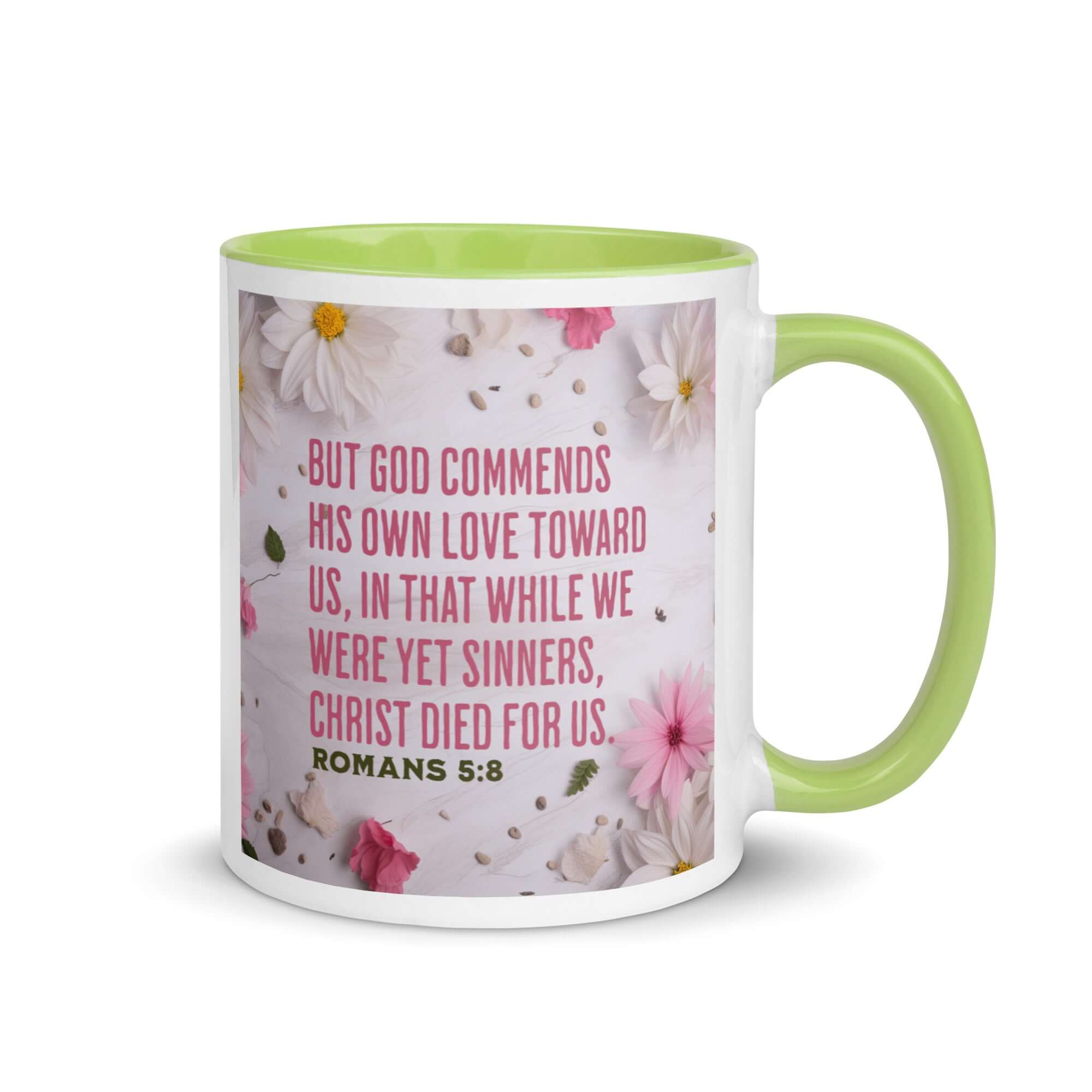 Romans 5:8 Bible Verse, Christ Died for Us White Ceramic Mug with Color Inside Green 11 oz
