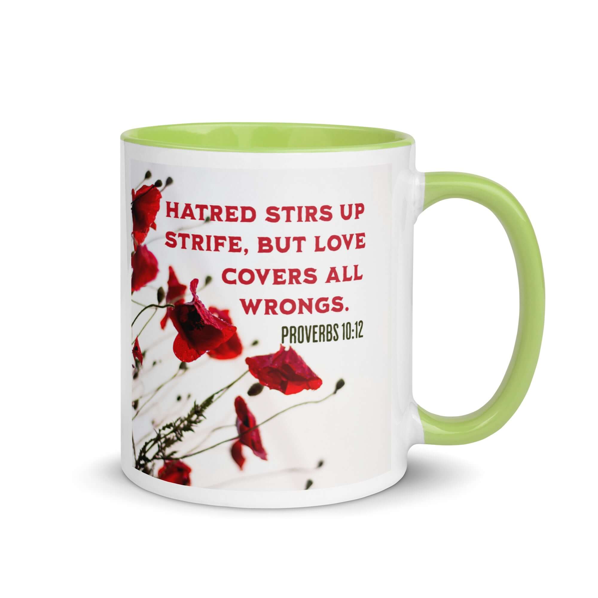 Proverbs 10:12 Bible Verse, Love Covers All White Ceramic Mug with Color Inside Green 11 oz