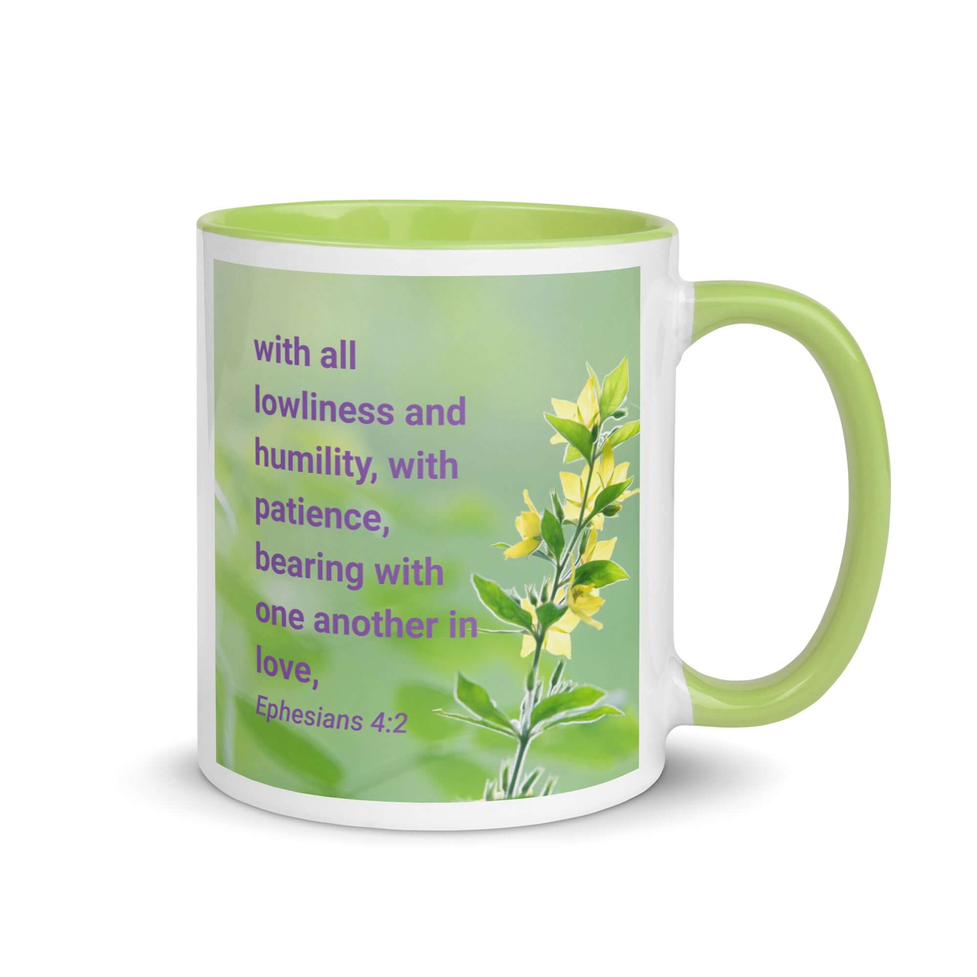 Ephesians 4:2 Bible Verse, one another in love White Ceramic Mug with Color Inside Green 11 oz