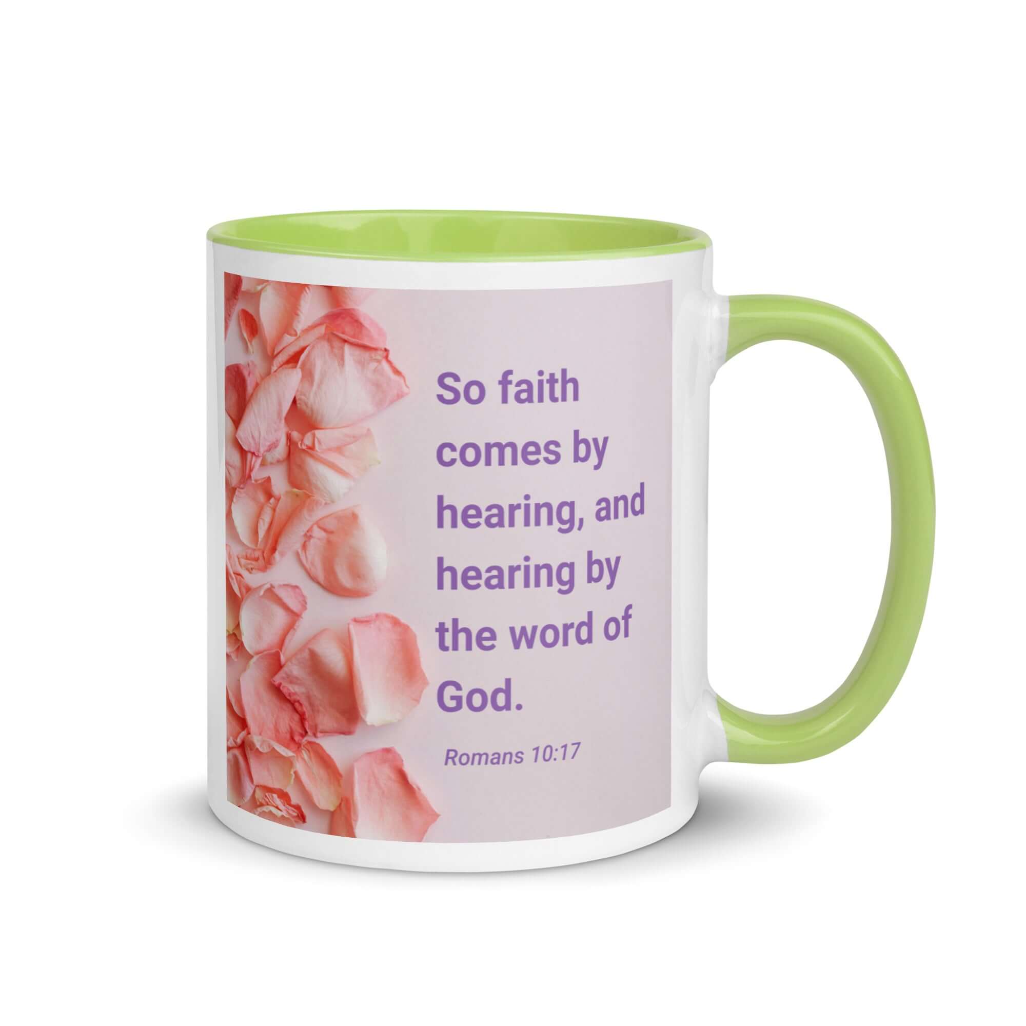 Romans 10:17 Bible Verse, faith comes by White Ceramic Mug with Color Inside Green 11 oz