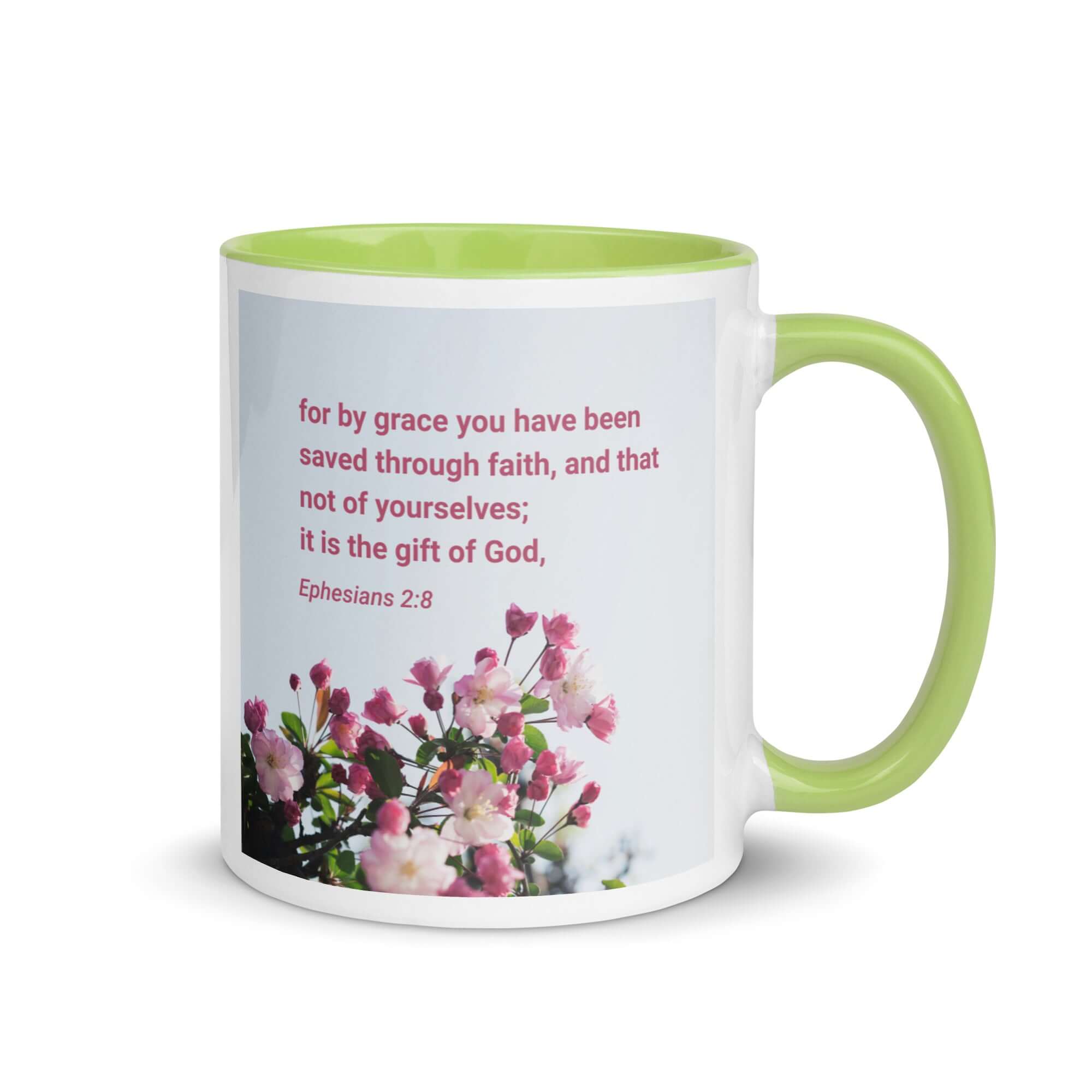 Ephesians 2:8 Bible Verse, saved through faith White Ceramic Mug with Color Inside Green 11 oz