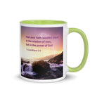 1 Corinthians 2:5 Bible Verse, power of God White Ceramic Mug with Color Inside Green 11 oz