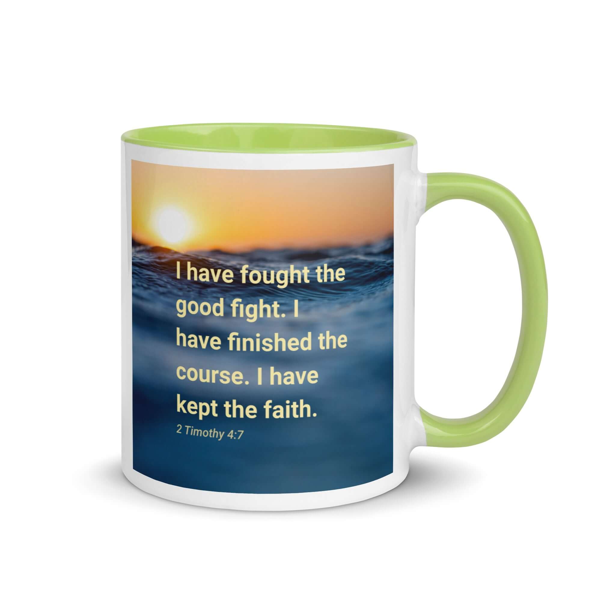 2 Timothy 4:7 Bible Verse, kept the faith White Ceramic Mug with Color Inside Green 11 oz