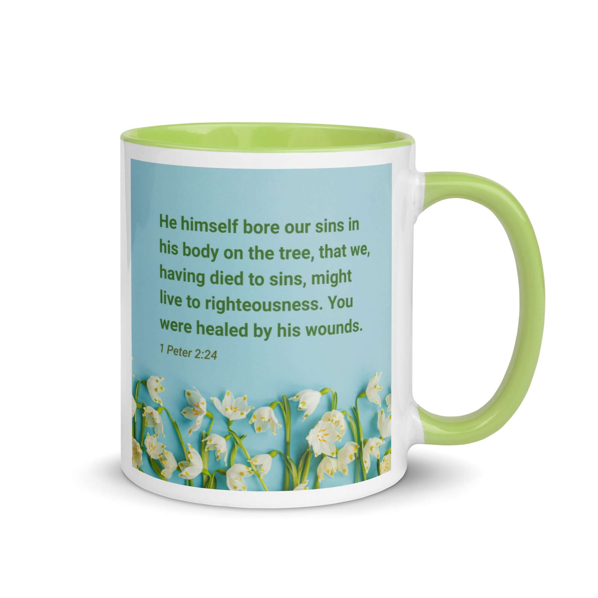 1 Peter 2:24 Bible Verse, healed by His wounds White Ceramic Mug with Color Inside Green 11 oz