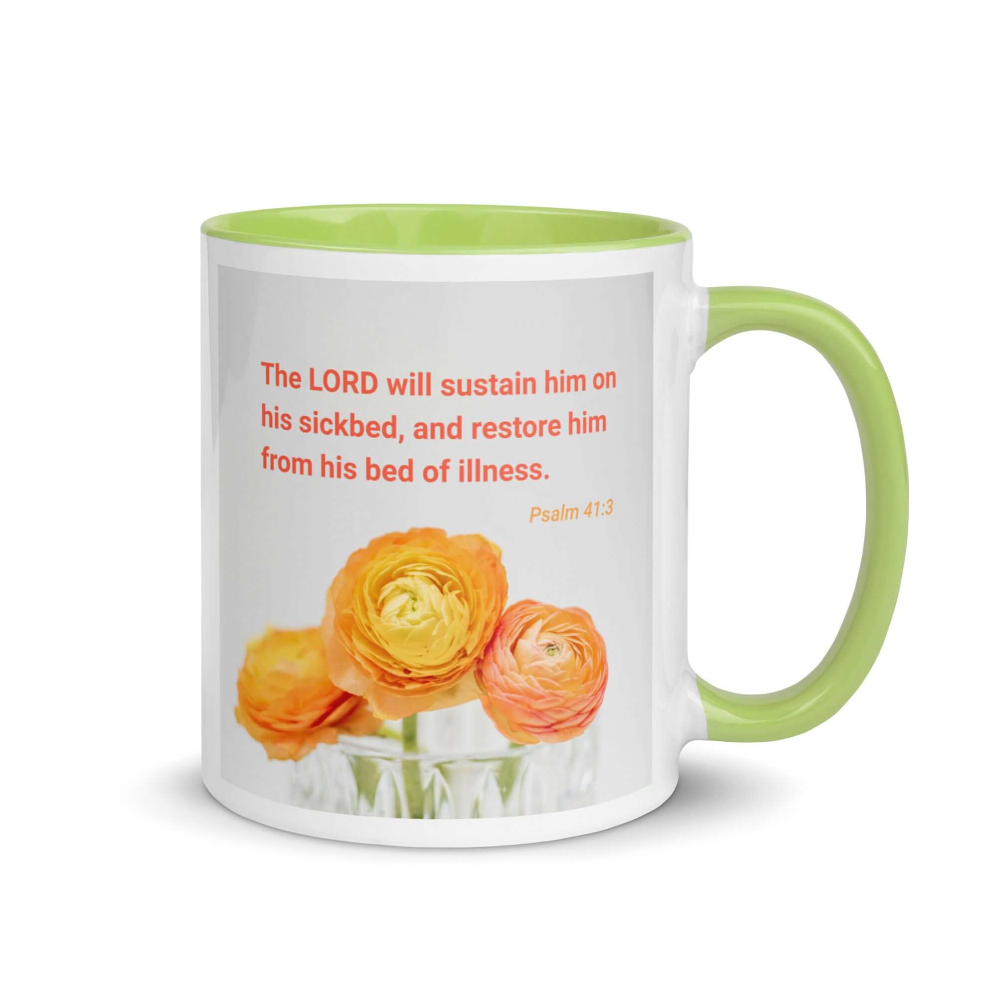 Psalm 41:3 Bible Verse, LORD will sustain White Ceramic Mug with Color Inside Green 11 oz