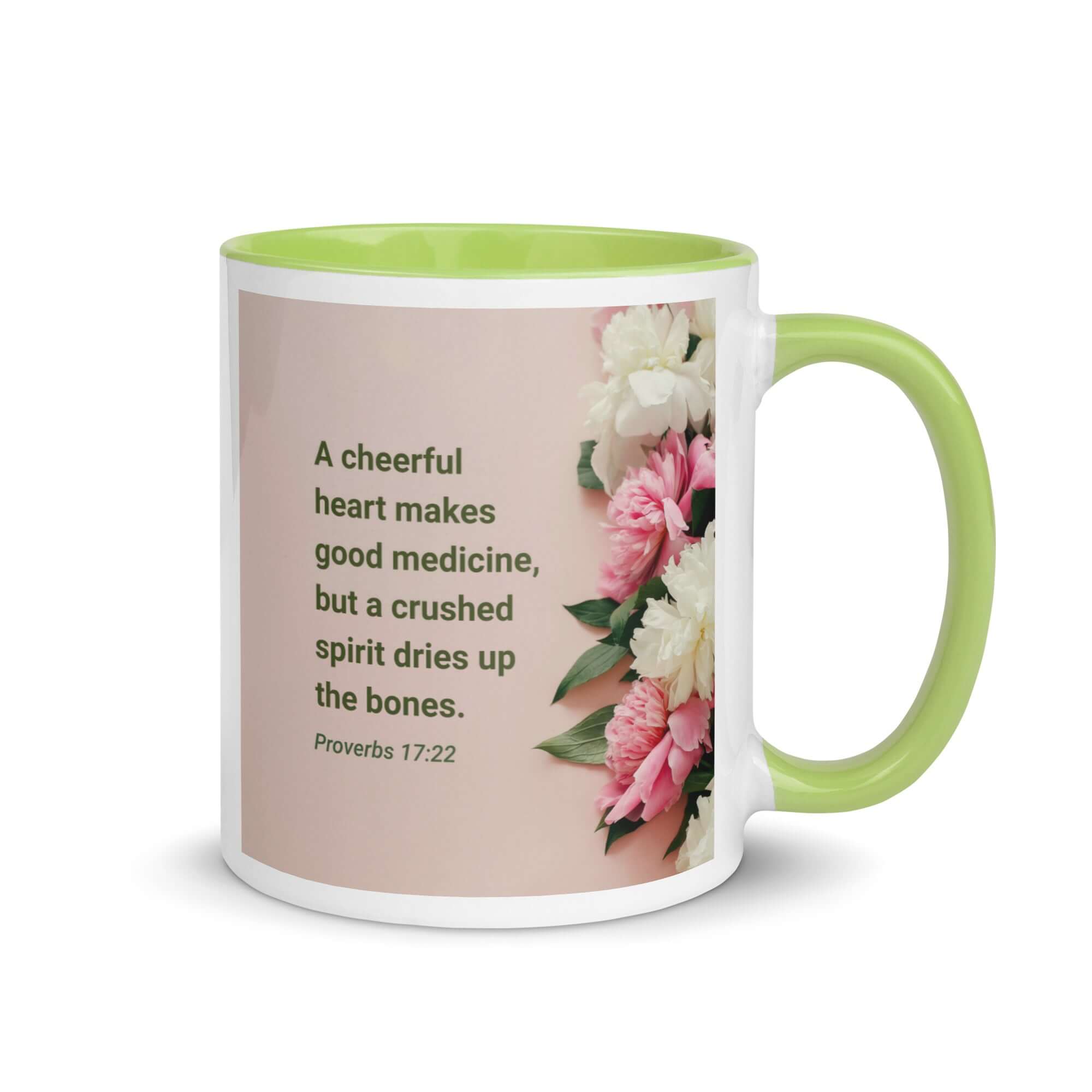Proverbs 17:22 Bible Verse, good medicine White Ceramic Mug with Color Inside Green 11 oz