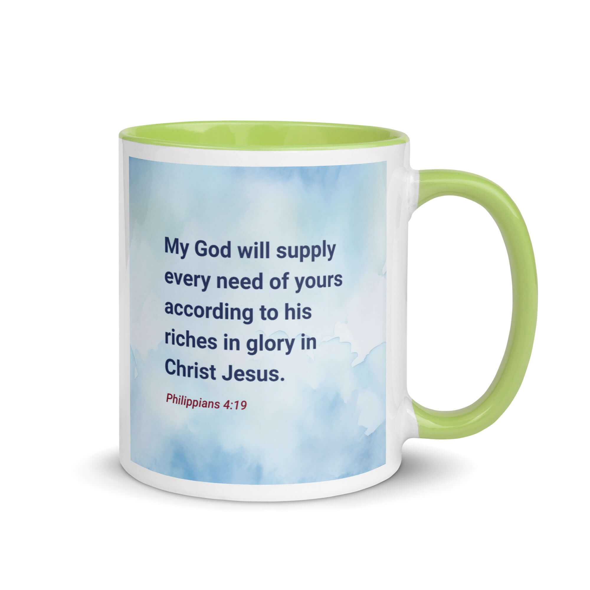 Philippians 4:19 Bible Verse, God will supply White Ceramic Mug with Color Inside Green 11 oz