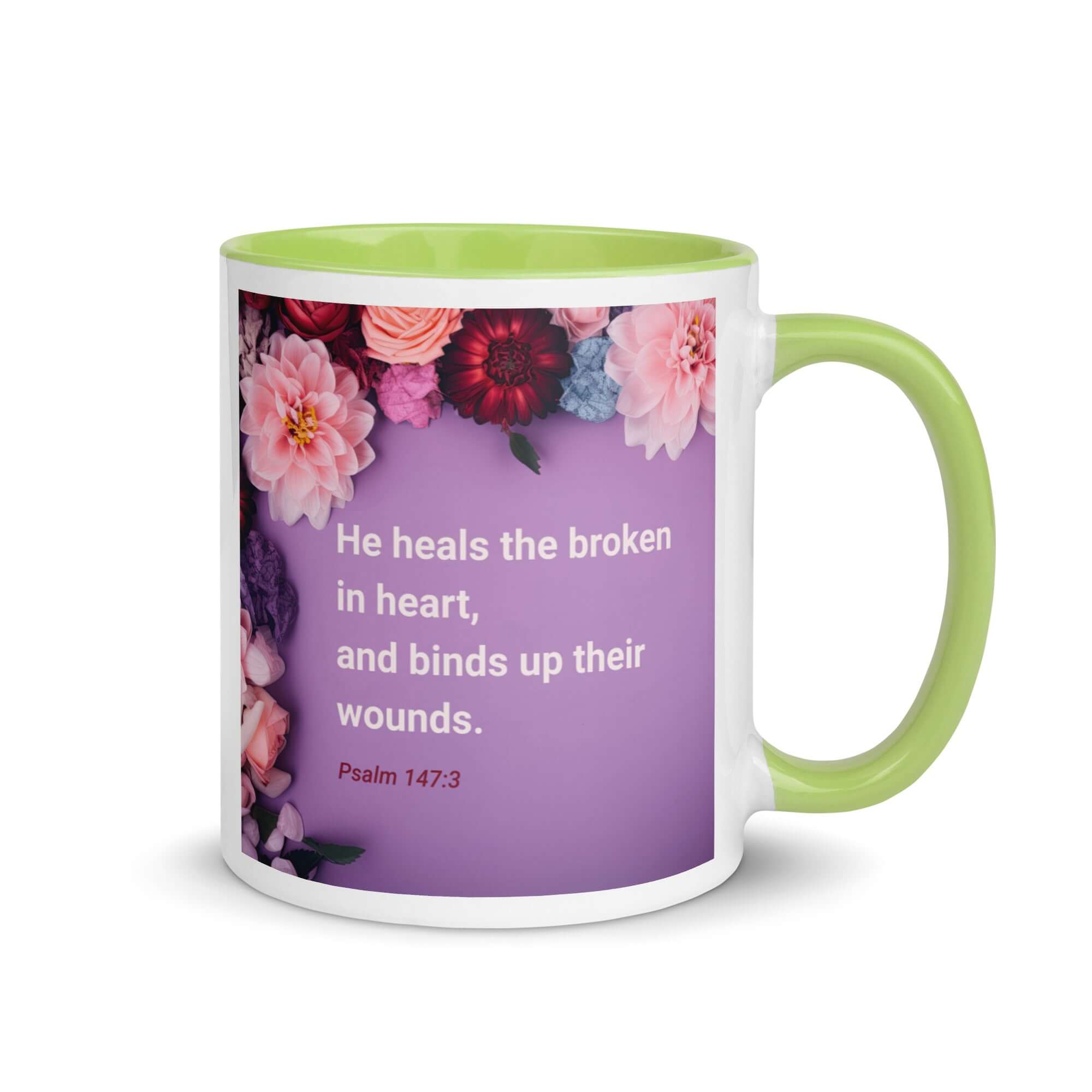 Psalm 147:3 Bible Verse, He heals the broken White Ceramic Mug with Color Inside Green 11 oz