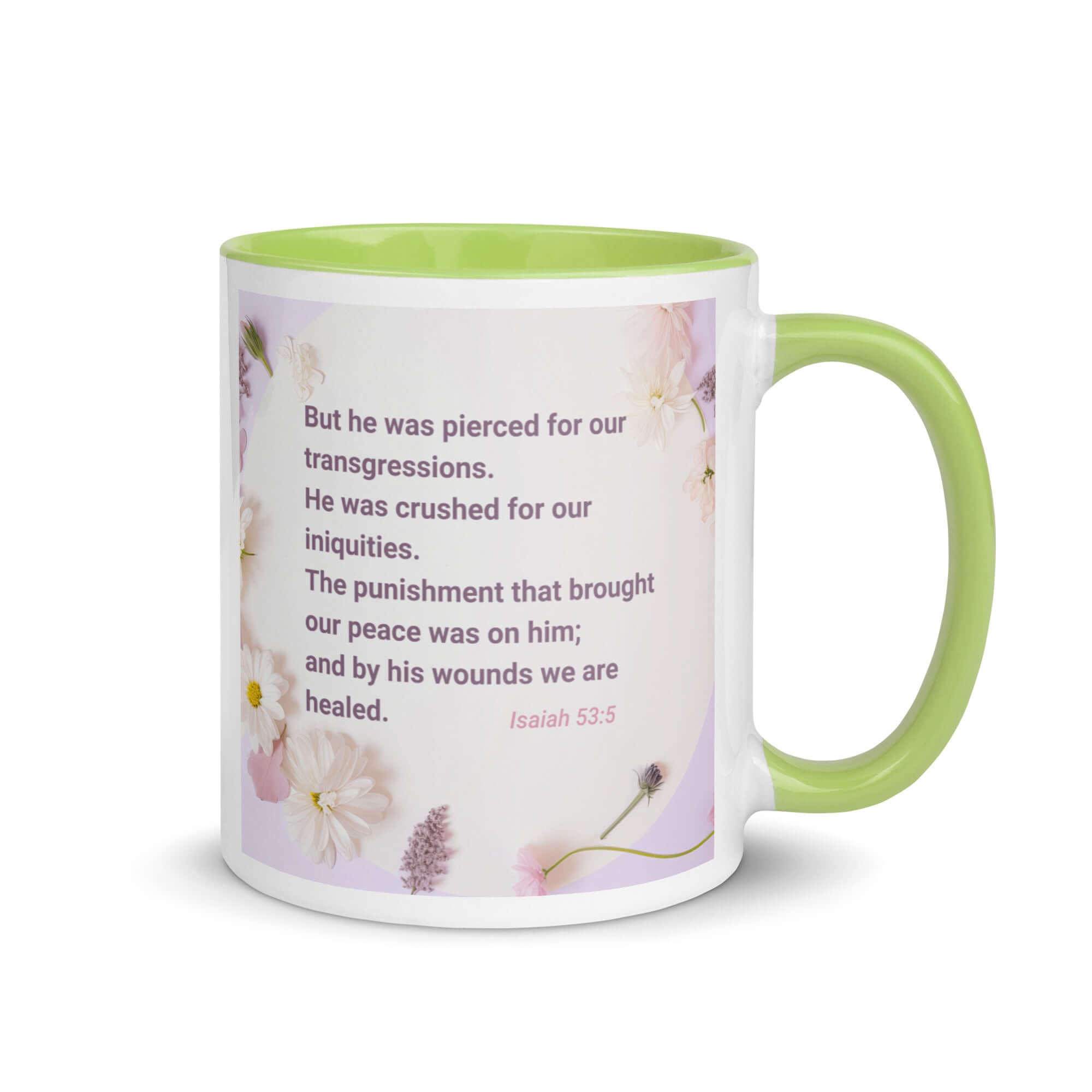 Isaiah 53:5 Bible Verse, by his wounds White Ceramic Mug with Color Inside Green 11 oz