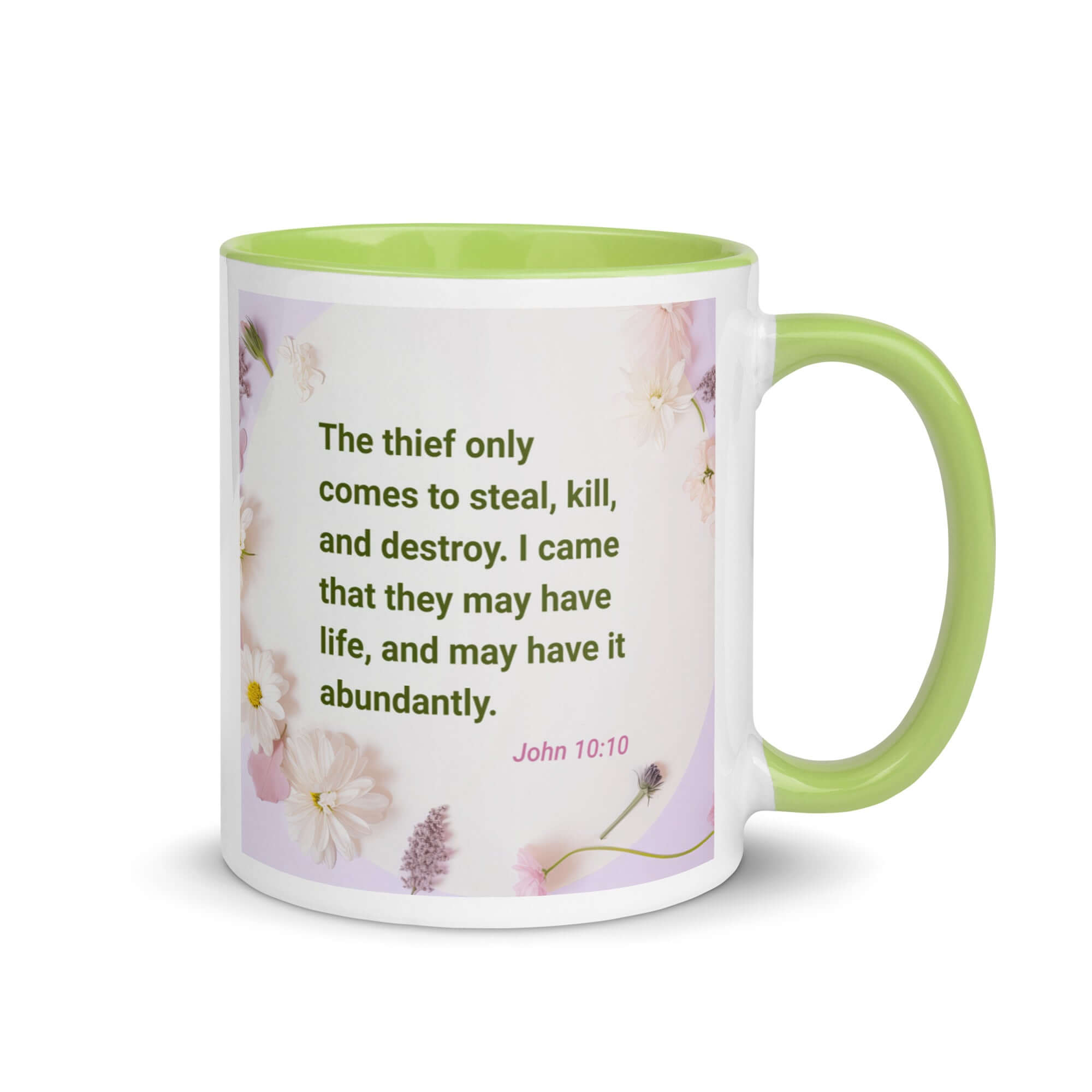 John 10:10 Bible Verse, Abundant Life White Ceramic Mug with Color Inside Green 11 oz