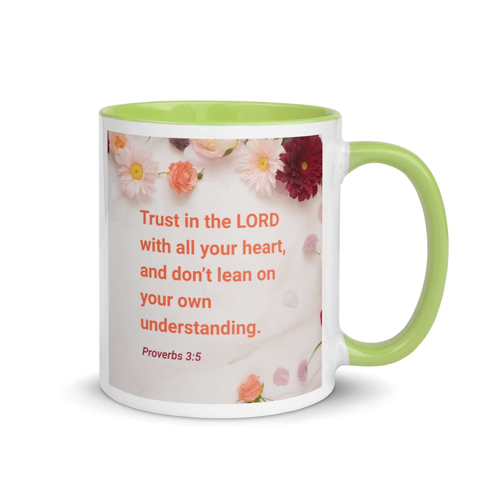 Proverbs 3:5 Bible Verse, Trust in the LORD White Ceramic Mug with Color Inside Green 11 oz