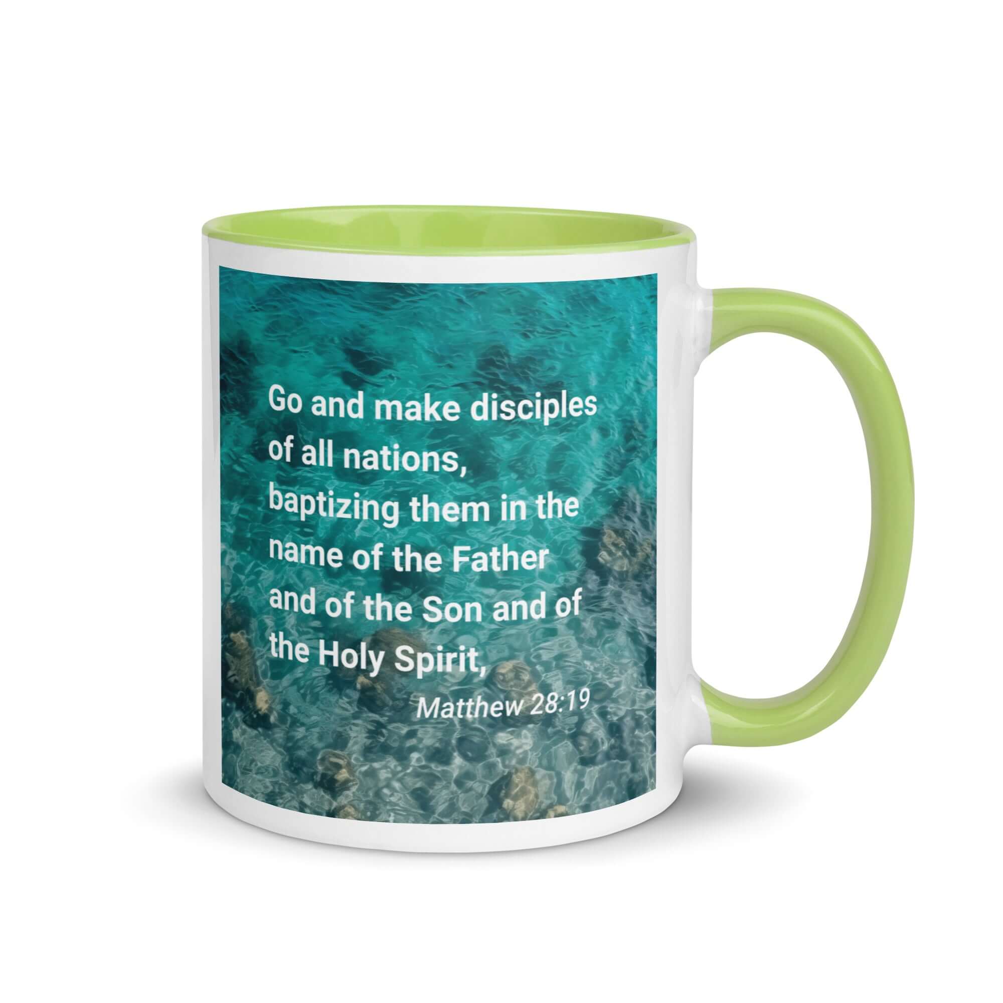 Matthew 28:19 Bible Verse, Make Disciples White Ceramic Mug with Color Inside Green 11 oz