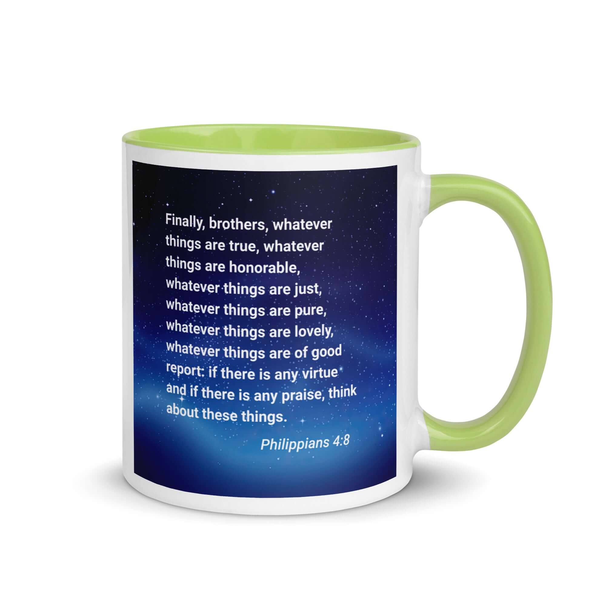 Philippians 4:8 Bible Verse, Think these things White Ceramic Mug with Color Inside Green 11 oz