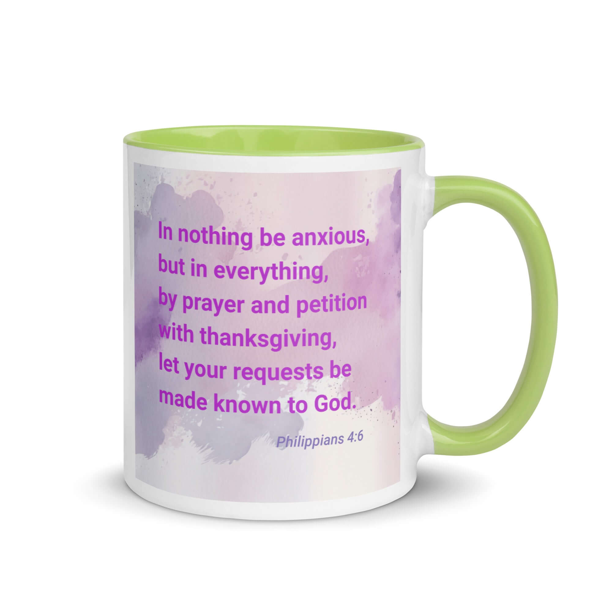 Philippians 4:6 Bible Verse, Prayer and Petition White Ceramic Mug with Color Inside Green 11 oz
