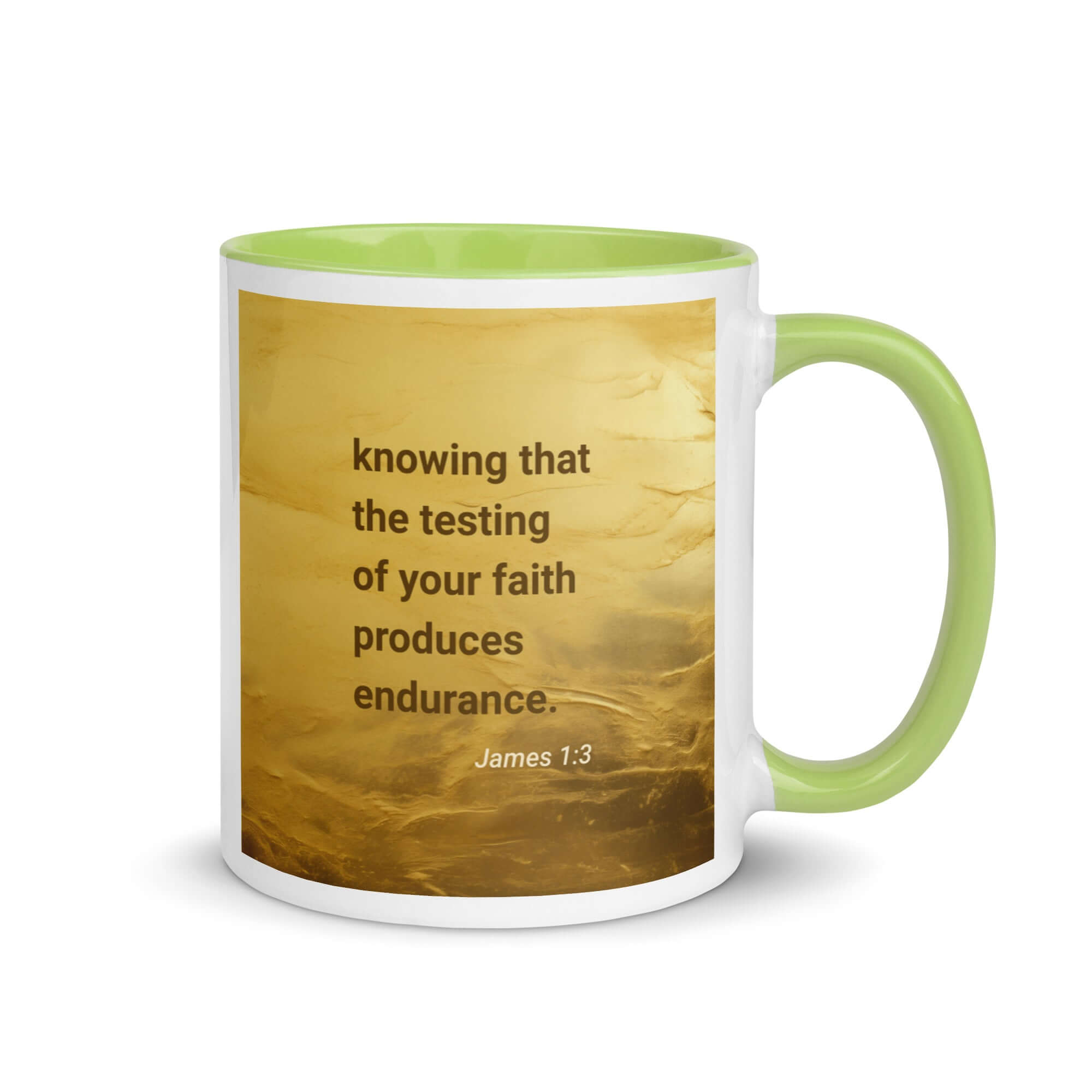 James 1:3 Bible Verse, testing of your faith White Ceramic Mug with Color Inside Green 11 oz
