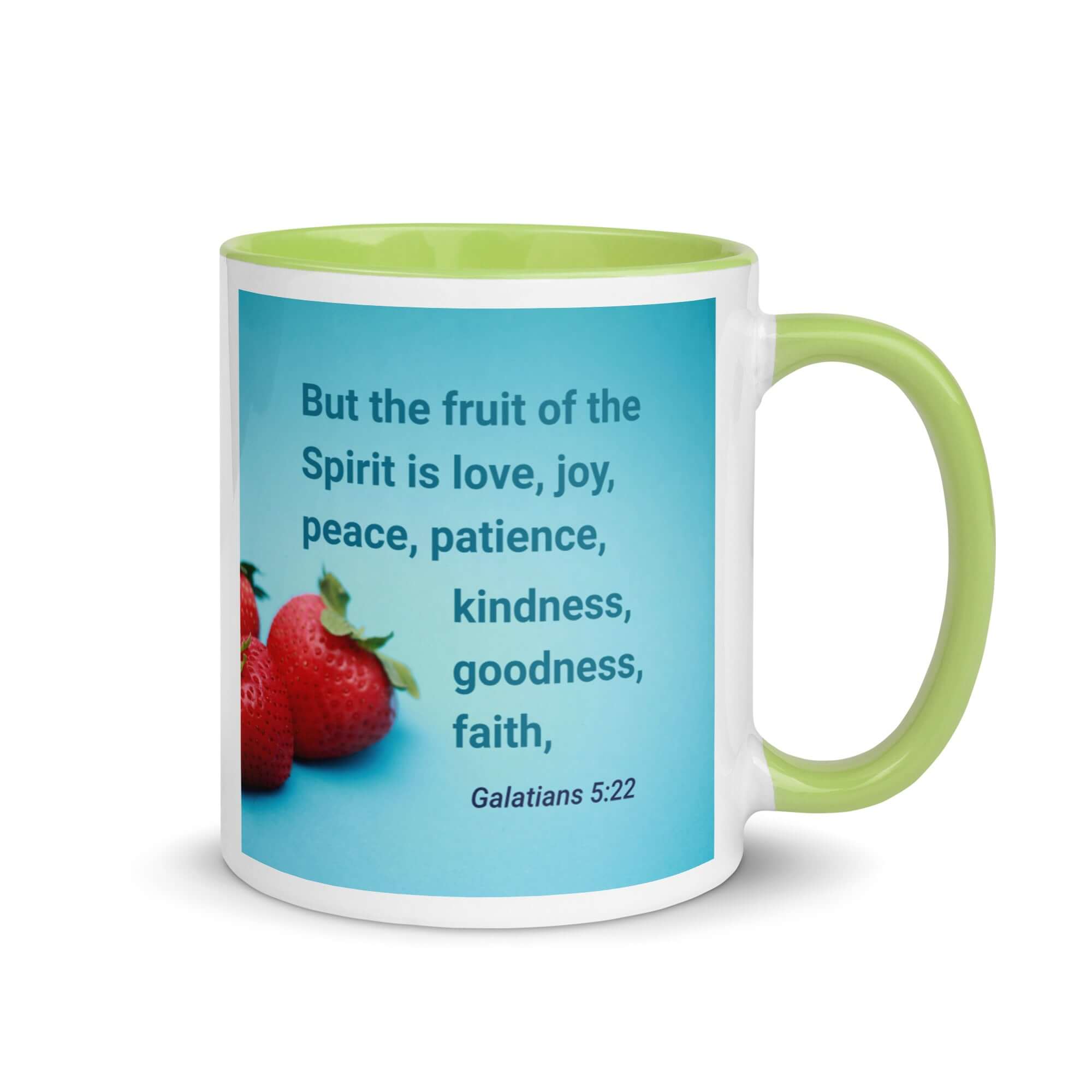 Galatians 5:22 Bible Verse, fruit of the Spirit White Ceramic Mug with Color Inside Green 11 oz