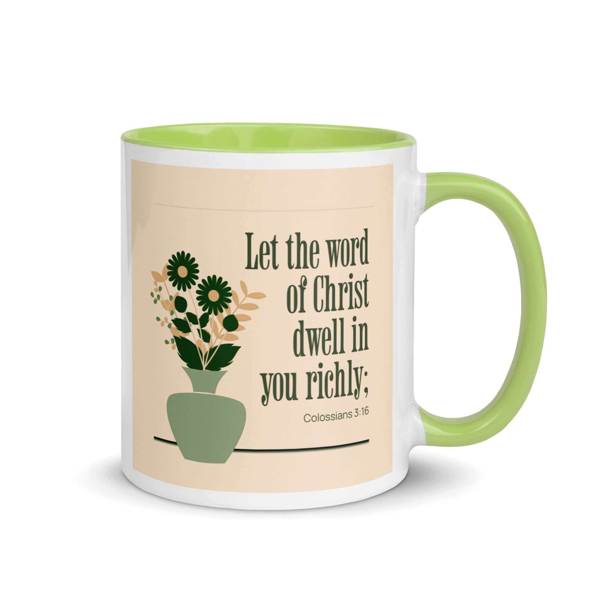 Colossians 3:16 Bible Verse, word of Christ White Ceramic Mug with Color Inside Green 11 oz