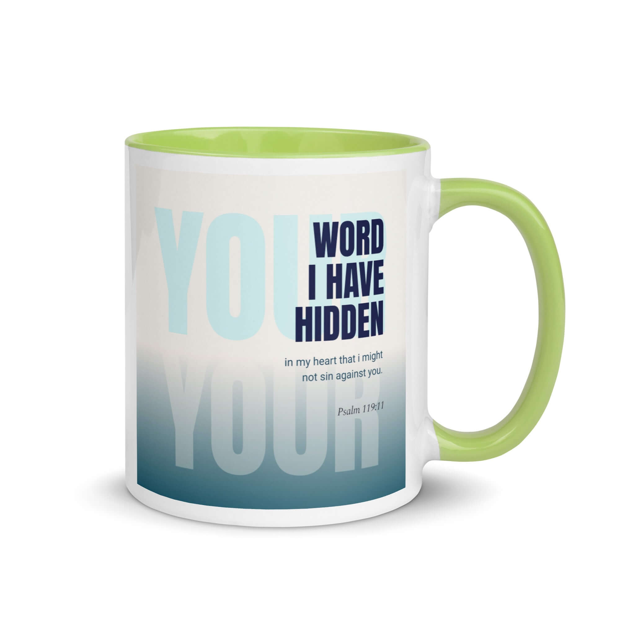 Psalm 119:11 Bible Verse, hidden your word White Ceramic Mug with Color Inside Green 11 oz