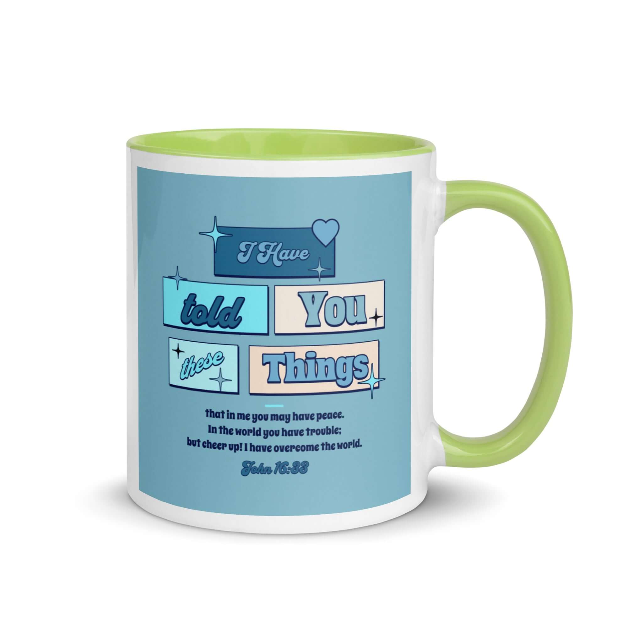 John 16:33 Bible Verse, in me you may have peace White Ceramic Mug with Color Inside Green 11 oz