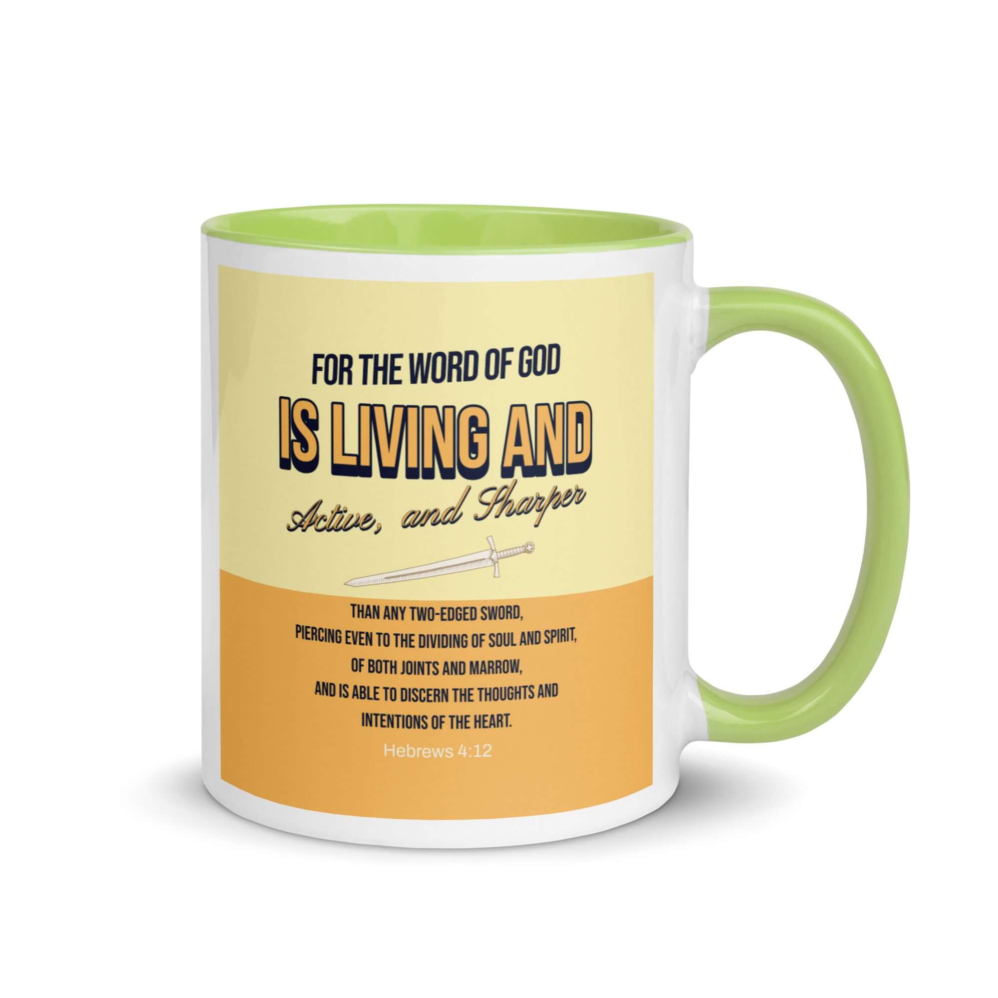 Hebrews 4:12 Bible Verse, living and active White Ceramic Mug with Color Inside Green 11 oz