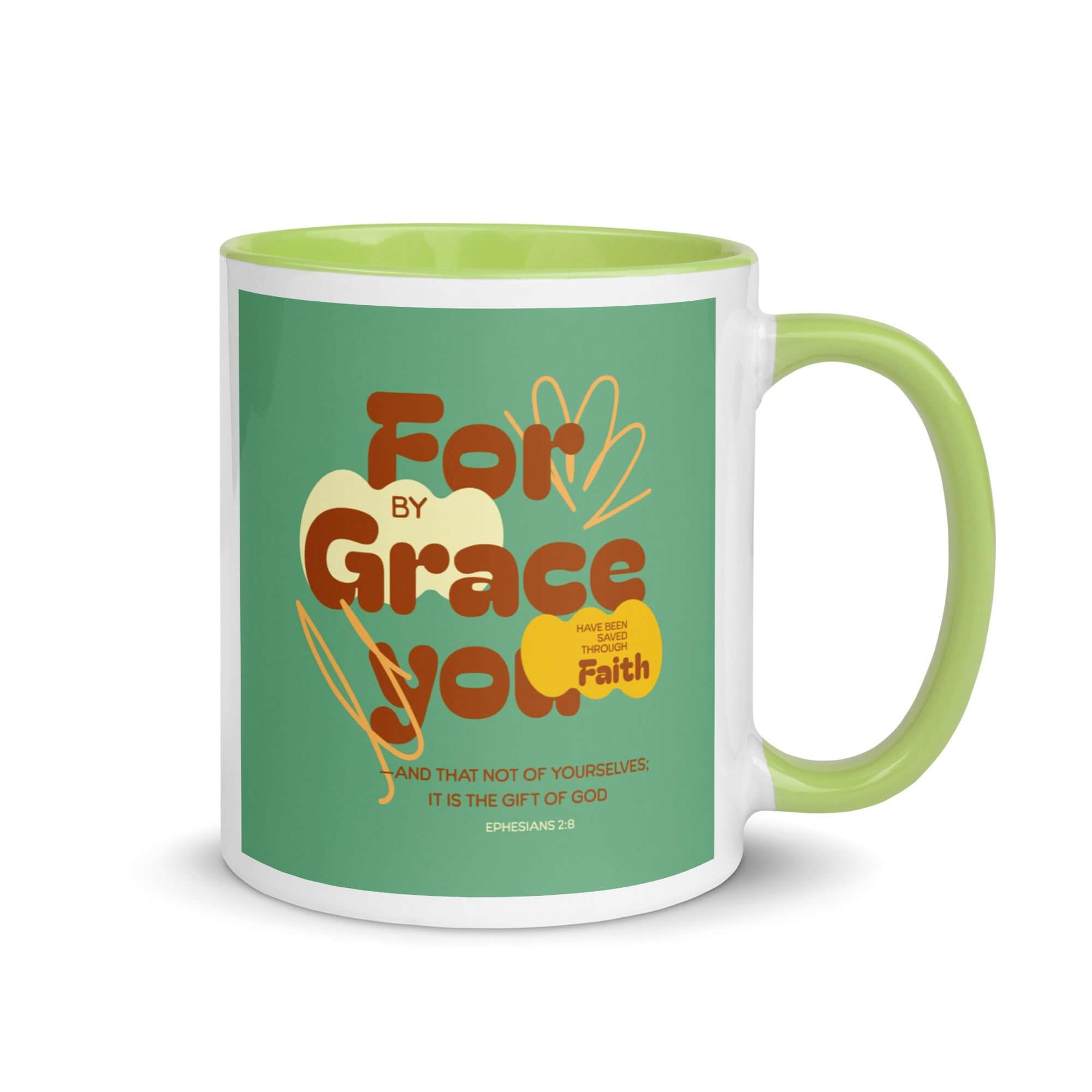 Ephesians 2:8 Bible Verse, for by grace White Ceramic Mug with Color Inside Green 11 oz