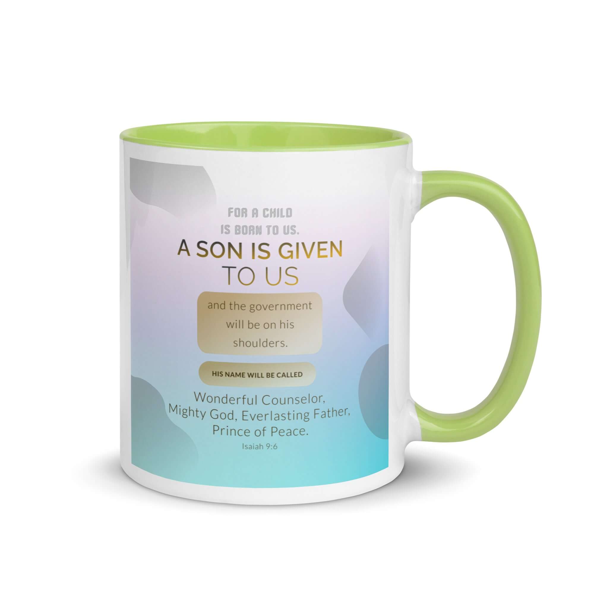 Isaiah 9:6 Bible Verse, Wonderful Counselor White Ceramic Mug with Color Inside Green 11 oz