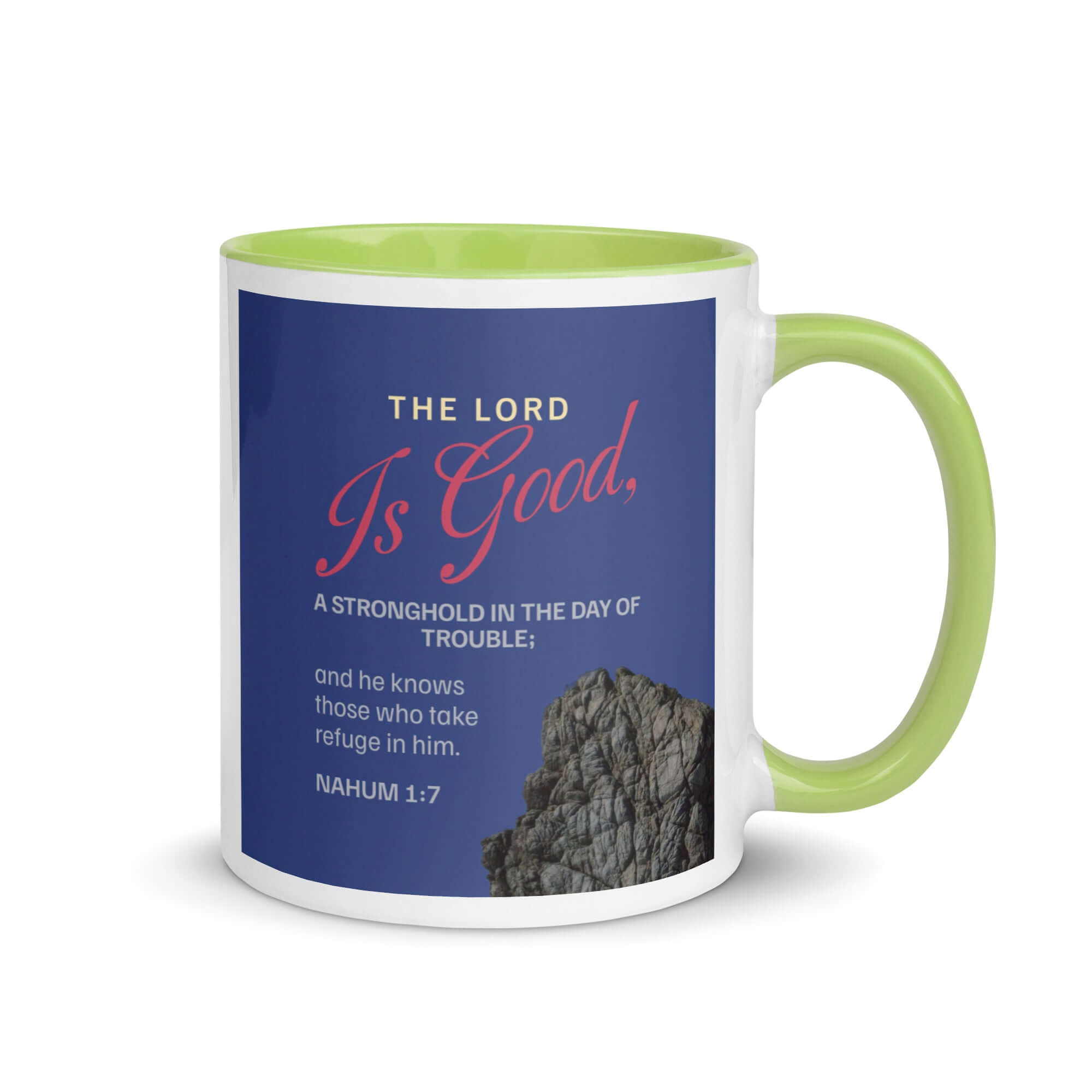 Nahum 1:7 Bible Verse, The LORD is good White Ceramic Mug with Color Inside Green 11 oz