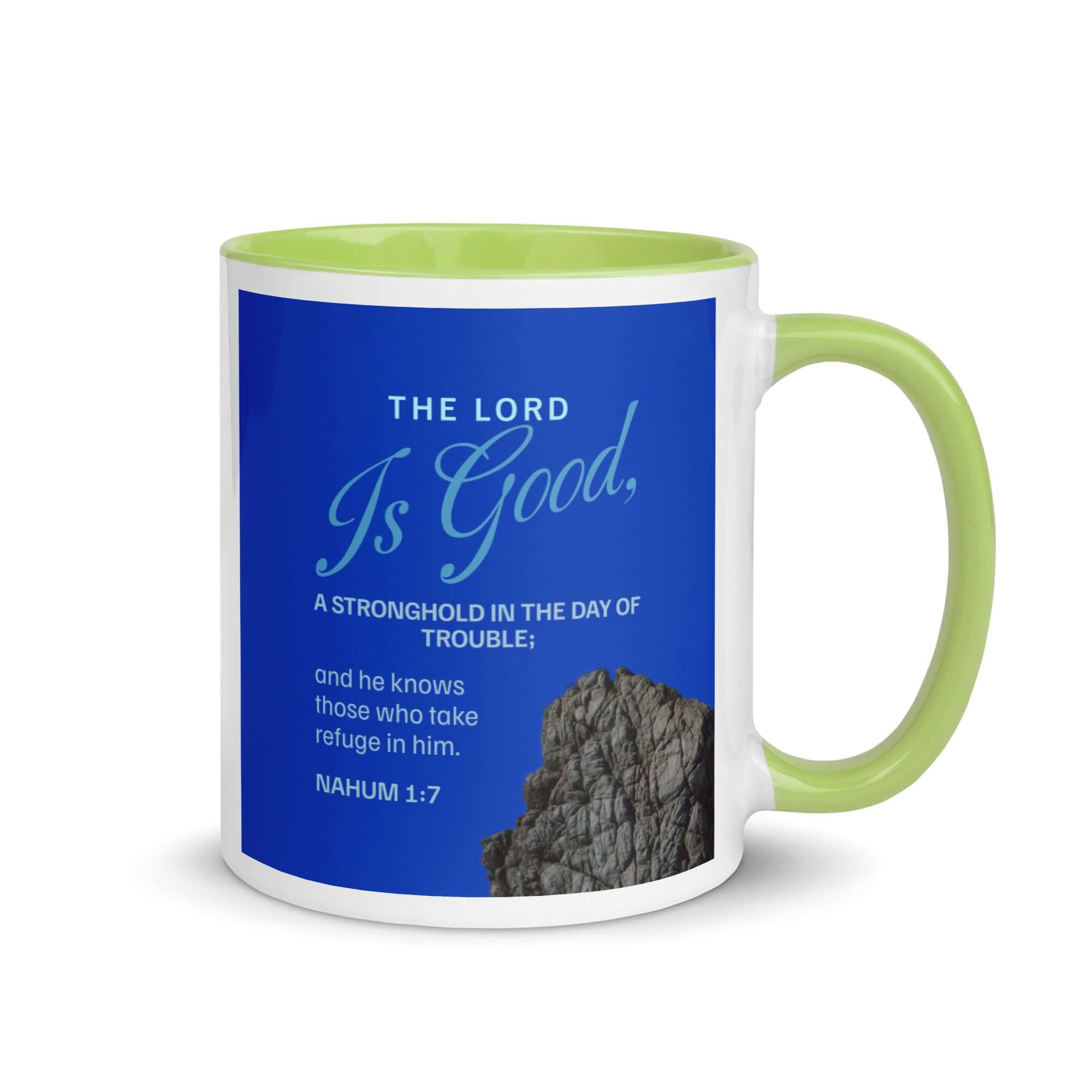 Nahum 1:7 Bible Verse, The LORD is a stronghold White Ceramic Mug with Color Inside Green 11 oz