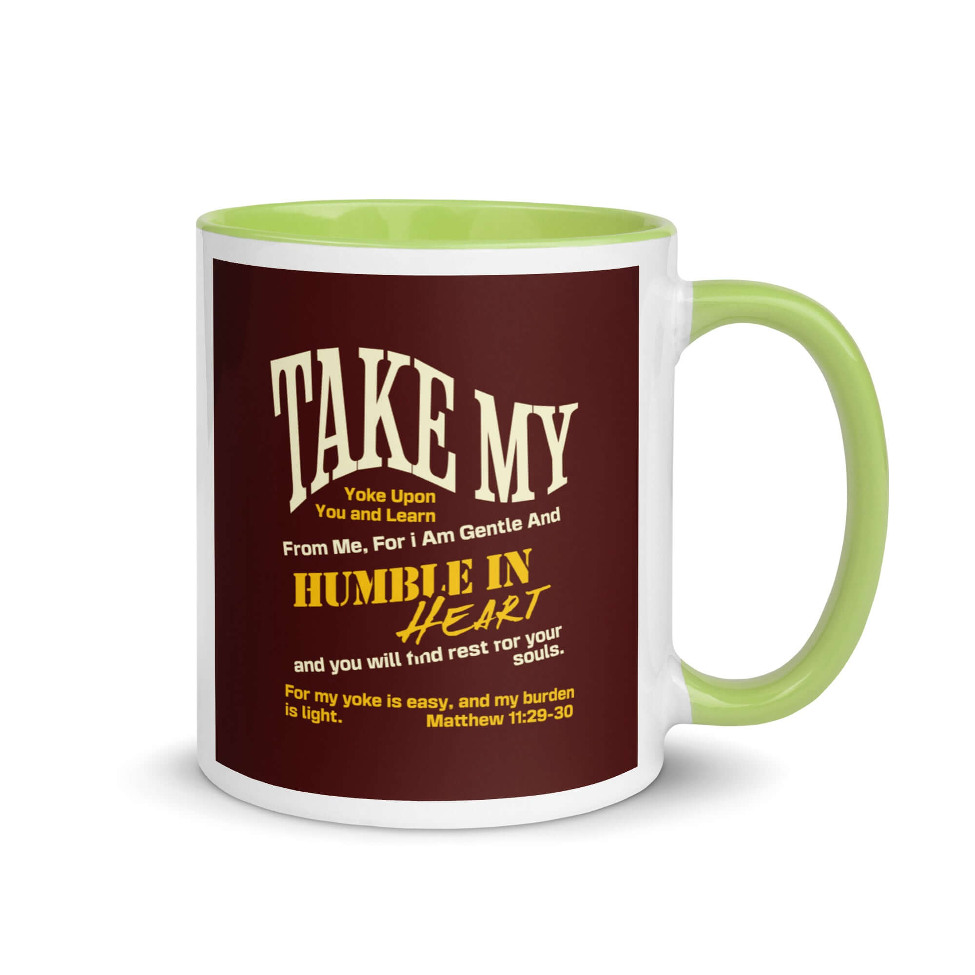 Matthew 11:29-30 Bible Verse, learn from me White Ceramic Mug with Color Inside Green 11 oz