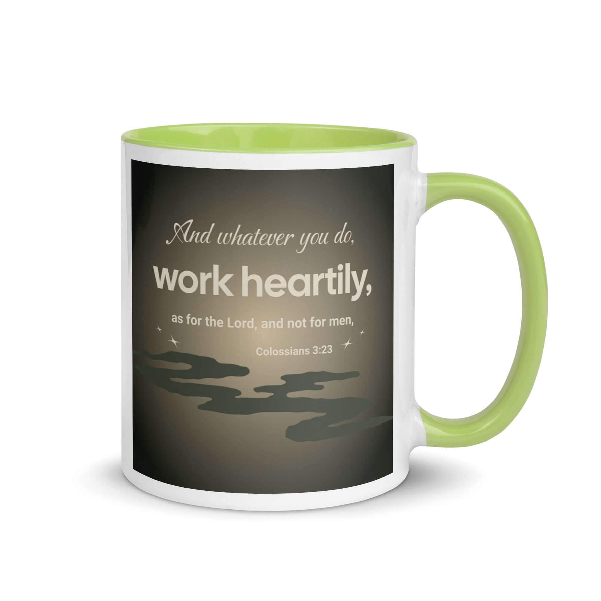 Colossians 3:23 Bible Verse, as for the Lord White Ceramic Mug with Color Inside Green 11 oz