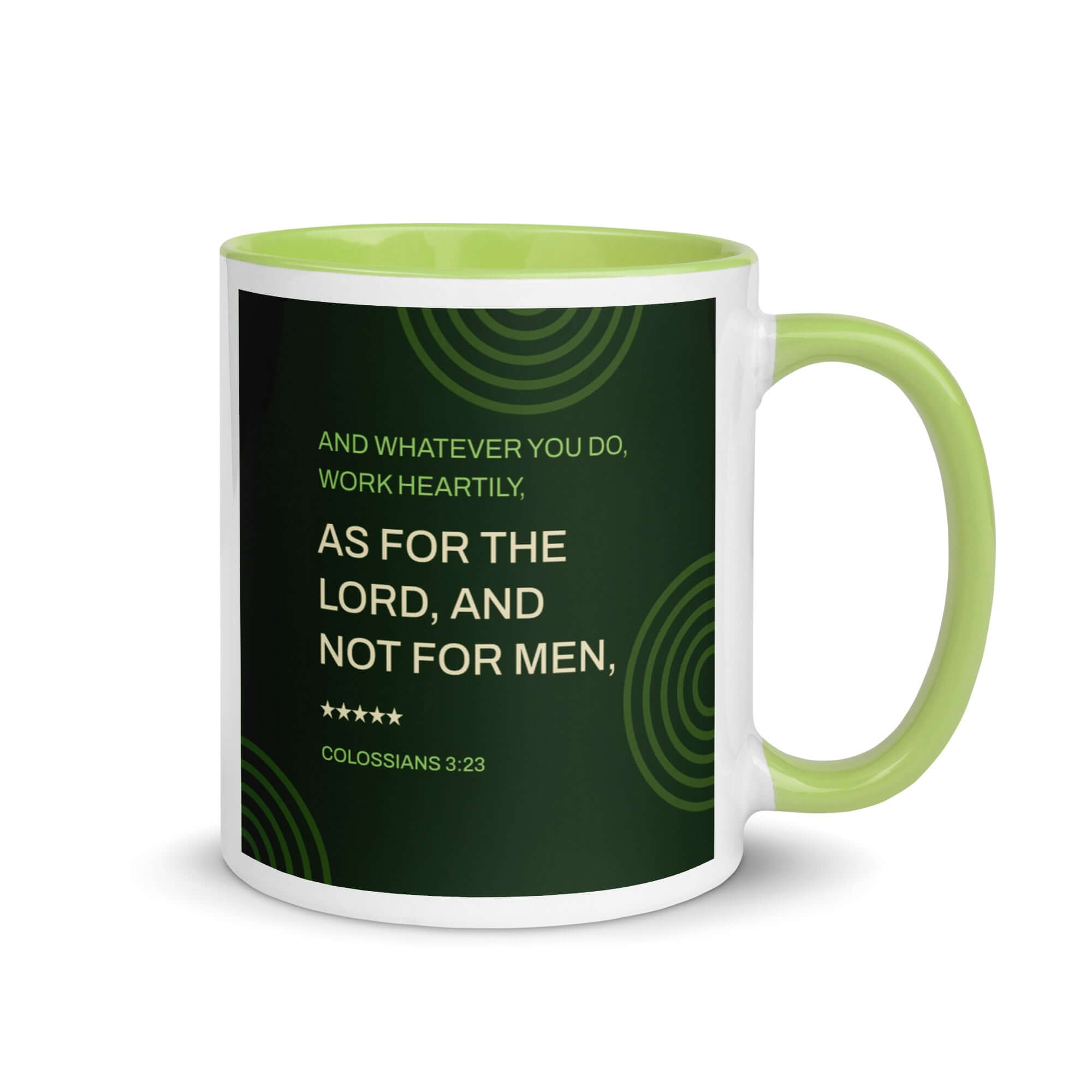 Colossians 3:23 Bible Verse, not for men White Ceramic Mug with Color Inside Green 11 oz
