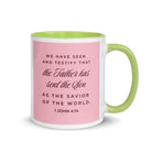 1 John 4:14 Bible Verse, We have seen White Ceramic Mug with Color Inside Green 11 oz